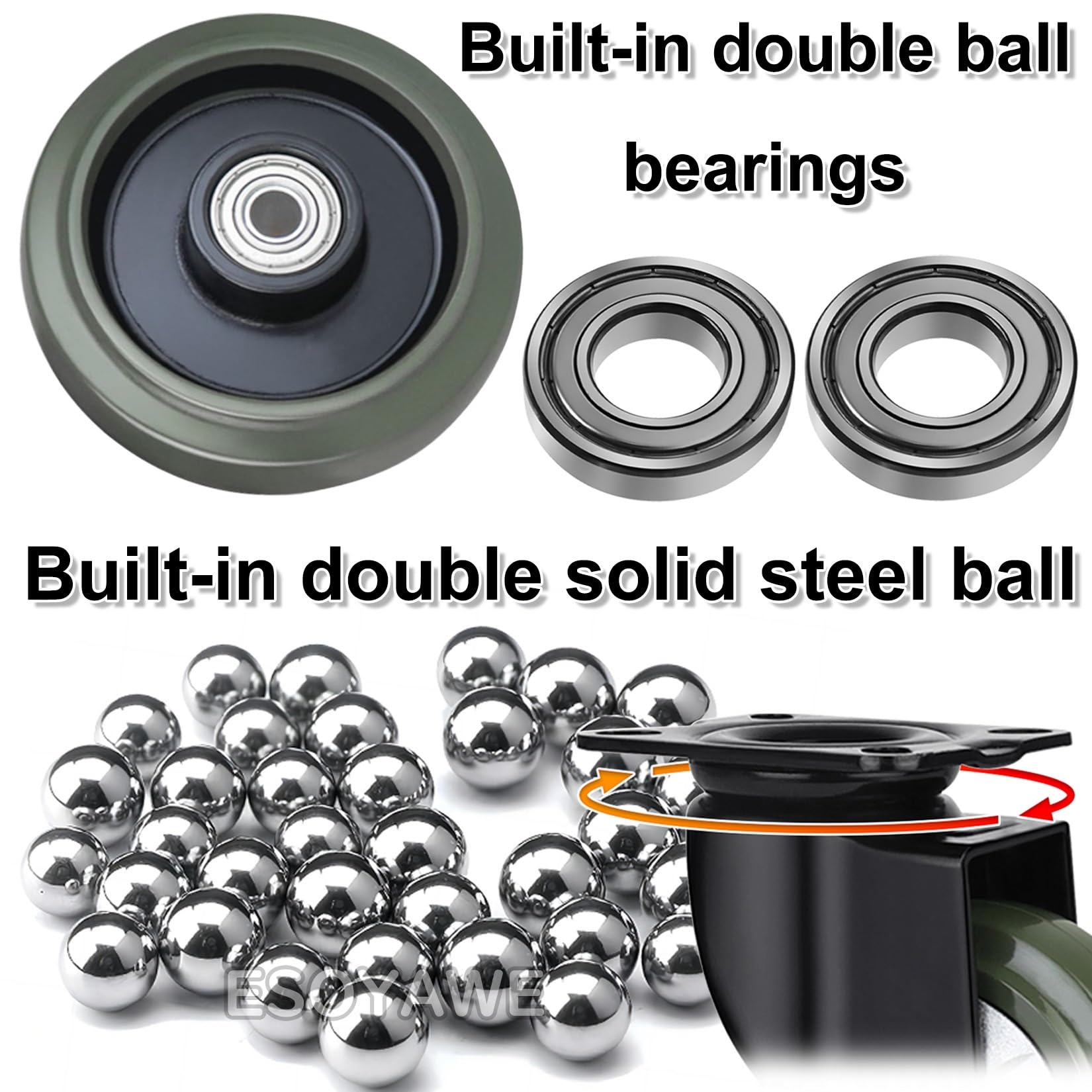 Lenkrollen Möbelrollen Hochleistungs-Ch 4er-Set, 3 Zoll, 4 Zoll, 5 Zoll, 6 Zoll bewegliche, geräuscharme Schwenkplattenrolle, Stoßdämpfung, pannensicheres Vollgummirad(Fixed+Swivel,Ø 125mm)