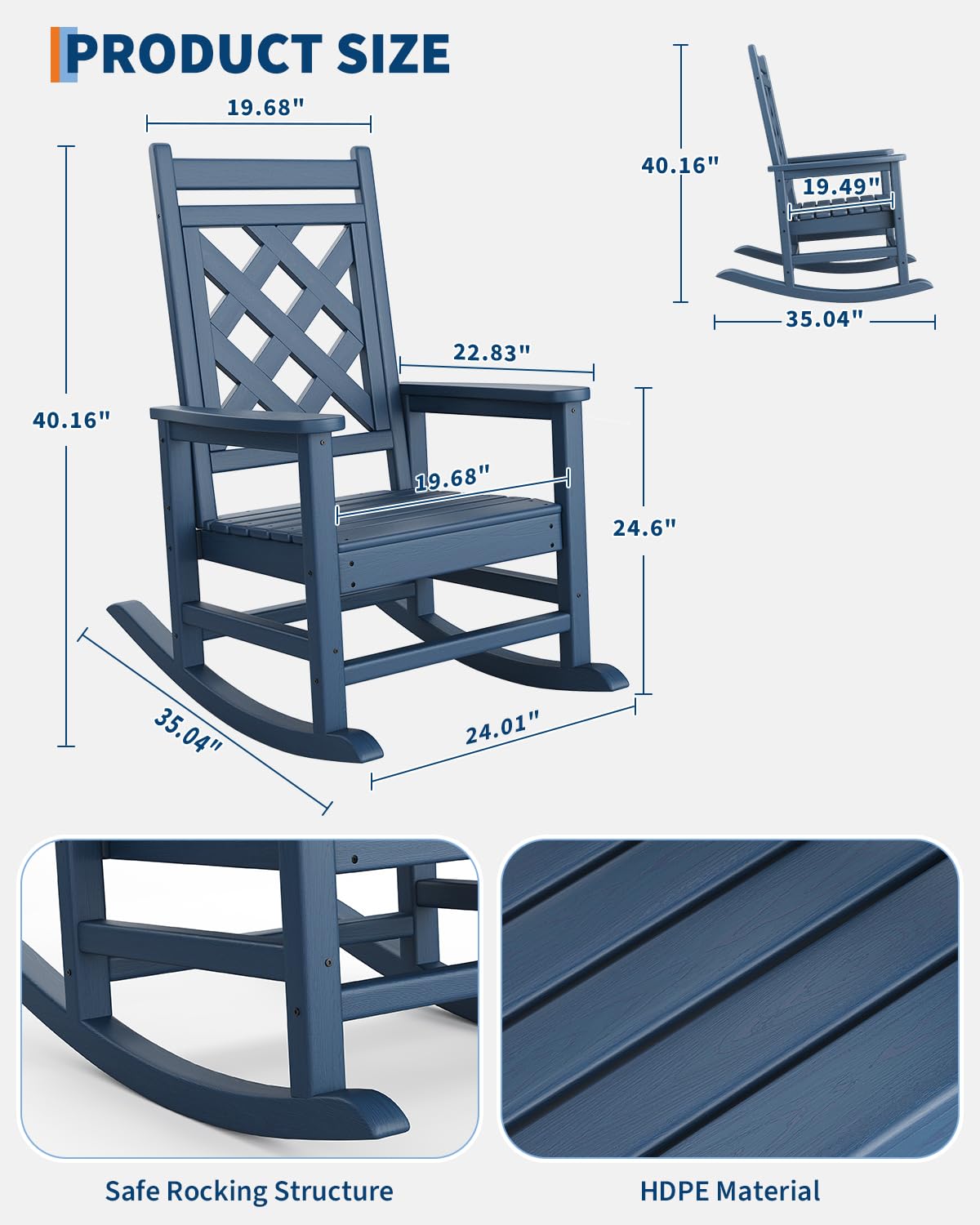GarveeHome Wetterfester Schaukelstuhl Aus HDPE, Outdoor-Loungesessel Mit Karierte Rückenlehne Und Armlehnen, Großer Schaukelstuhl Mit Hoher Rückenlehne, Für Pool Und Terrasse, 61 x 89 x 102 cm