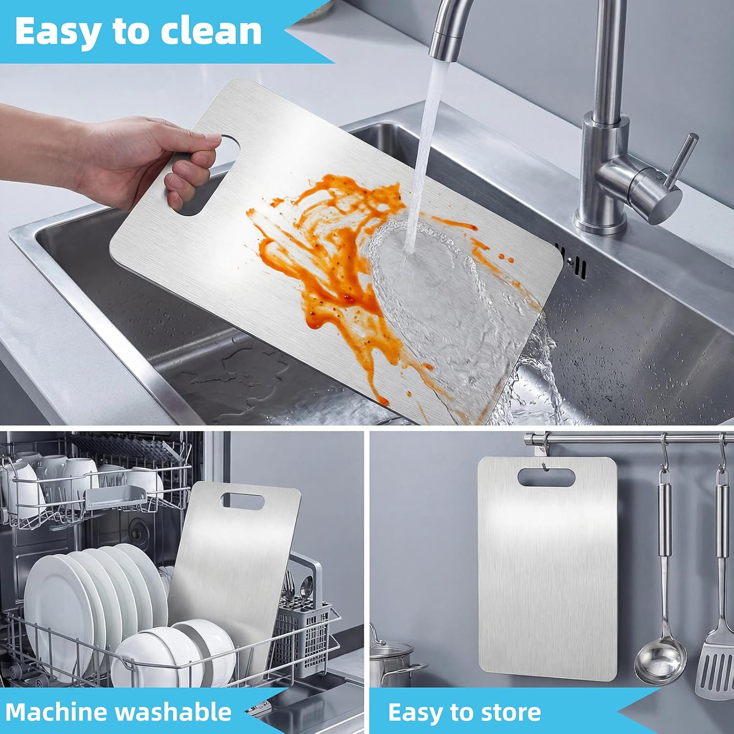 304 Stainless Steel Cutting Board, Heavy-Duty Double-Sided & Dishwasher Safe Easy-Clean Odor-Resistant Chopping Board for Meat, Vegetables, Fruit, Outdoor or Indoor (Large)