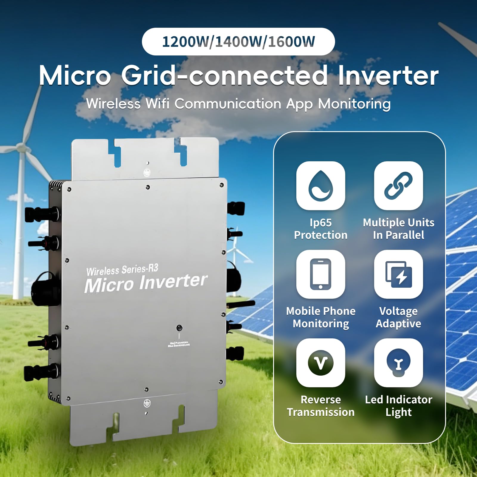 ZHENYUWANG Netzgekoppelter Solar-Mikro-Wechselrichter, Schutzart IP65, mit MPPT und WLAN-App-Überwachung, geeignet für Solaranlagen im Wohnbereich 1200W