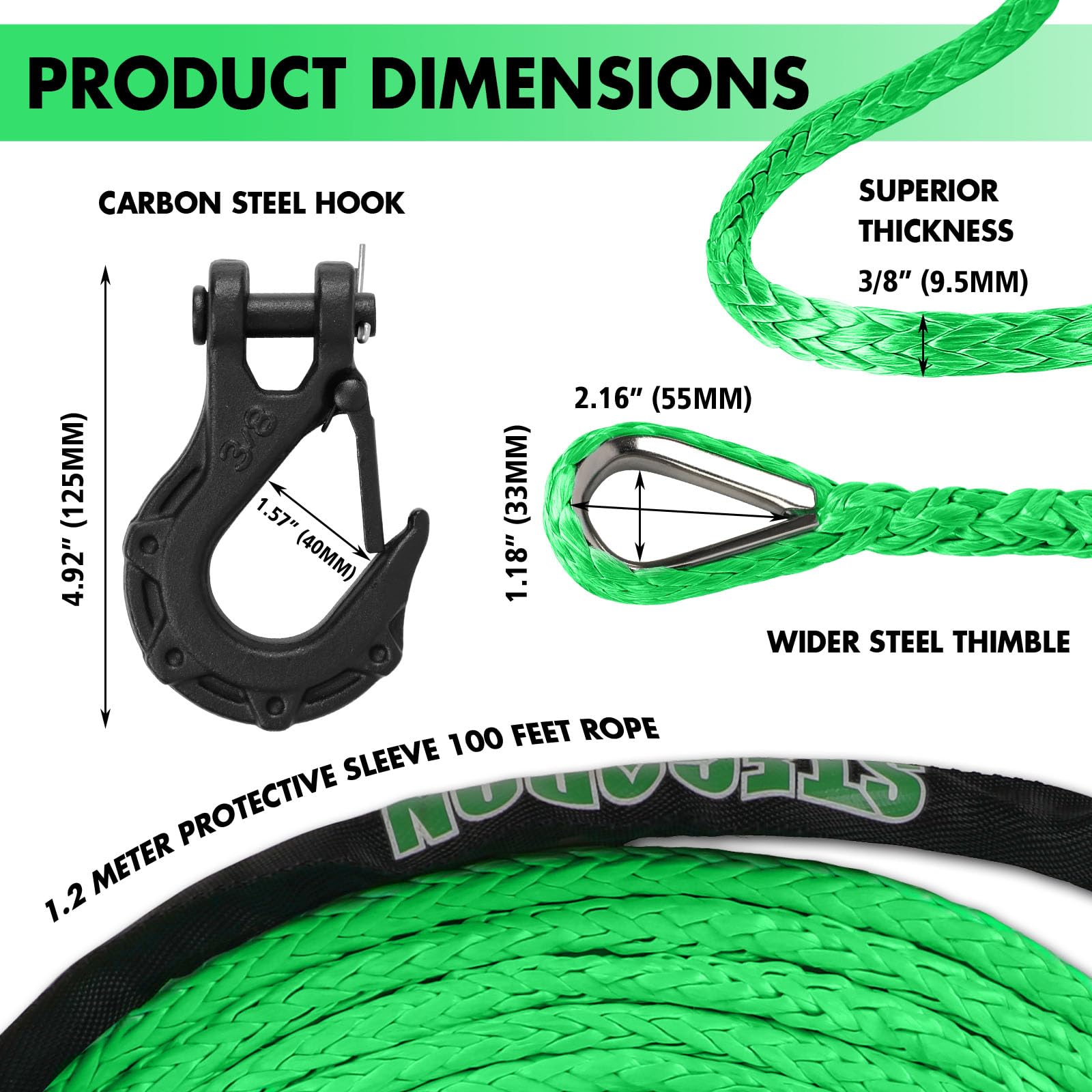 Corda sintetica per verricello Dyneema, 3/8" x 30,5 m, 10,8 kg, con gancio e manicotto di protezione, cavo di recupero per rimorchio auto, per fuoristrada, camion, SUV, Jeep (verde)