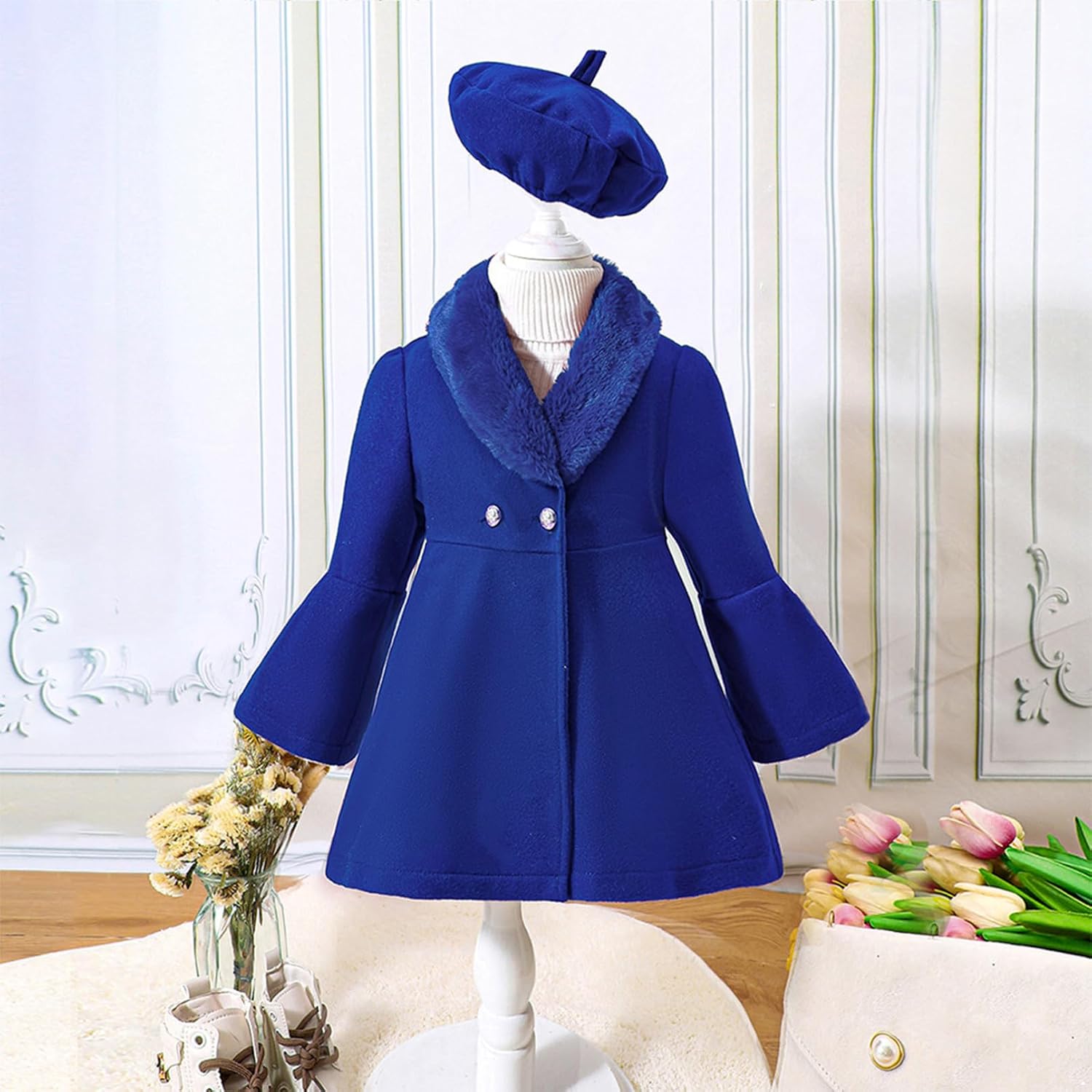Sywiyi Girls Dress Coat Winter Warm Fur Collar Long Sleeve Windproof Jacket with Beret Hat