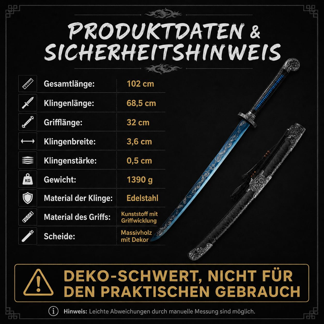 Dekoratives Samurai-Schwert Katana mit Blauer Klinge & Drachengravur, 104cm Japanisches Schwert aus Edelstahl mit ABS-Scheide, Ideal für Wanddekoration, Sammlungen und Geschenke