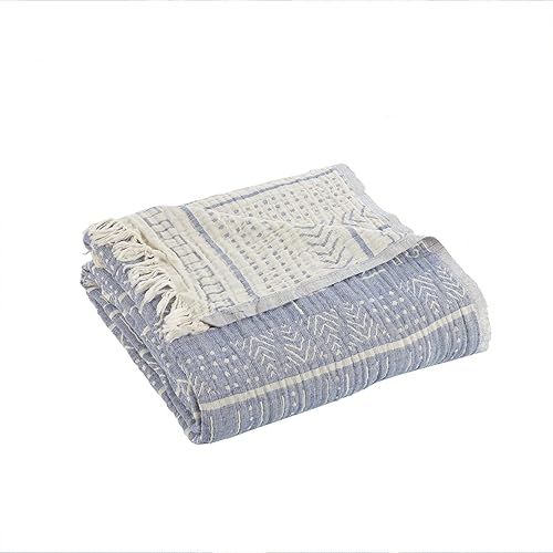 Miniatura 2 de Aztec - Manta de algodón 100 % tamaño Queen, 3 capas transpirable y ligera, colcha de verano, manta de gasa bohemia, manta de cama suave azul