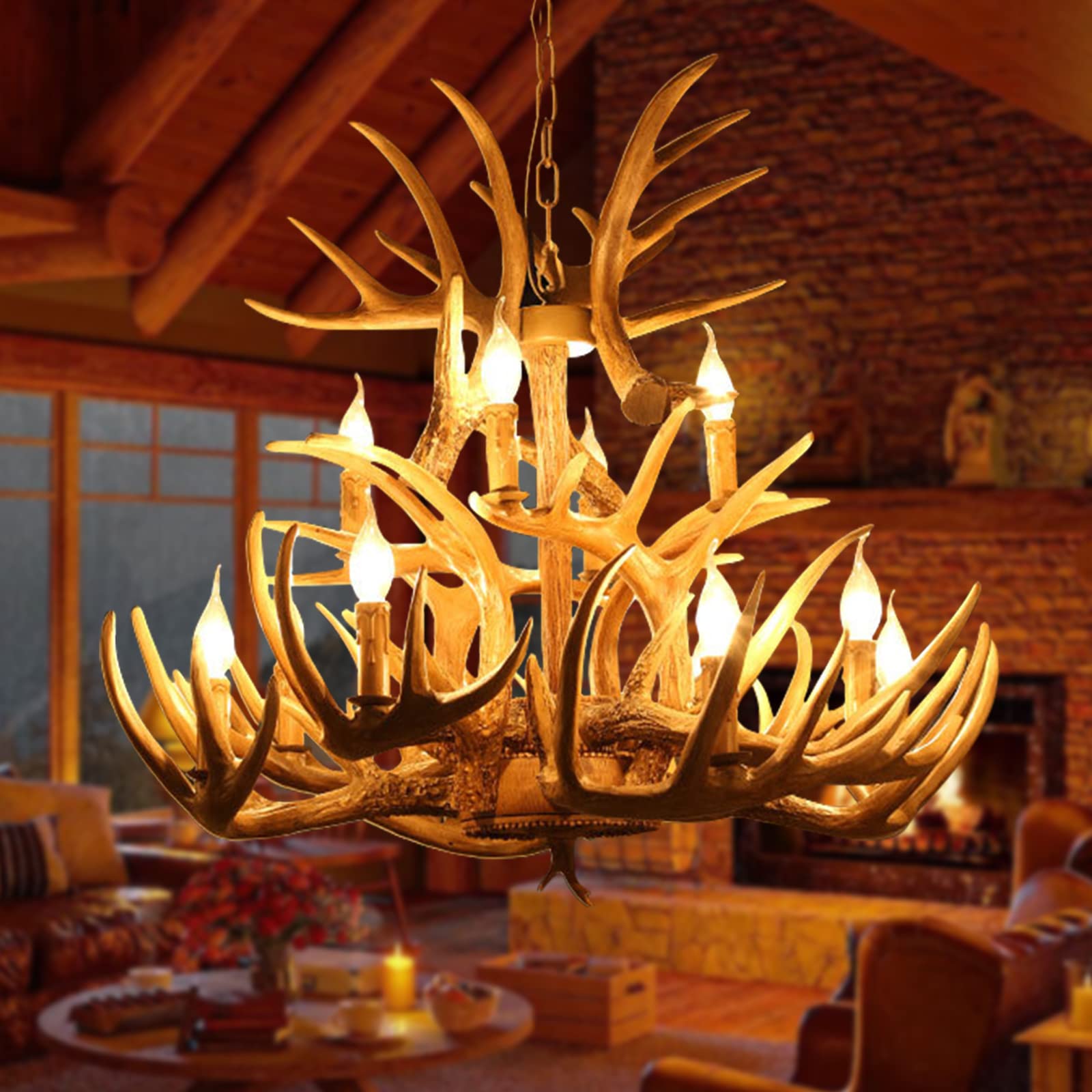 Resin Antler Chandelier Lighting, 8+4 Lights Deer Horn Chandeliers American Countryside Vintage Style Antler Ceiling Light for Living Room, Bar, Cafe, Hotels, Restaurant(12 Lights+3 Antlers)