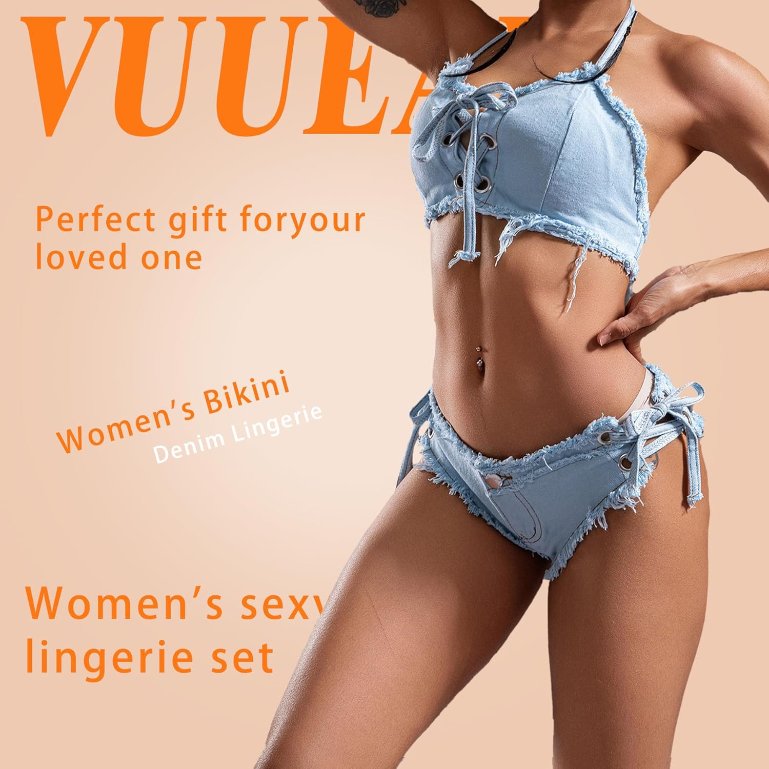 VUUEAN Women's Bikini Denim Lingerie Set with Strappy Bra and Hot Shorts