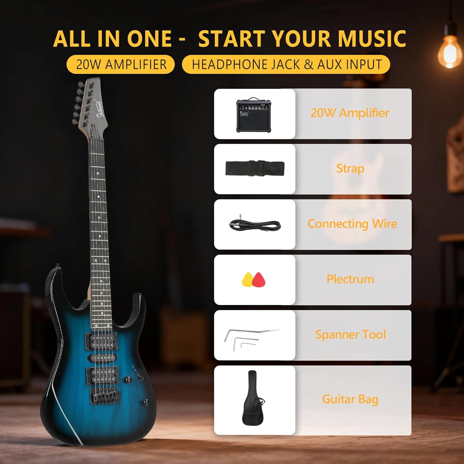 GLARRY 39" Full Size Electric Guitar Kit for Beginners, Starter Electric Guitar Set with 20W Amp & HSH Pickups, Model 170 (Turn Blue)