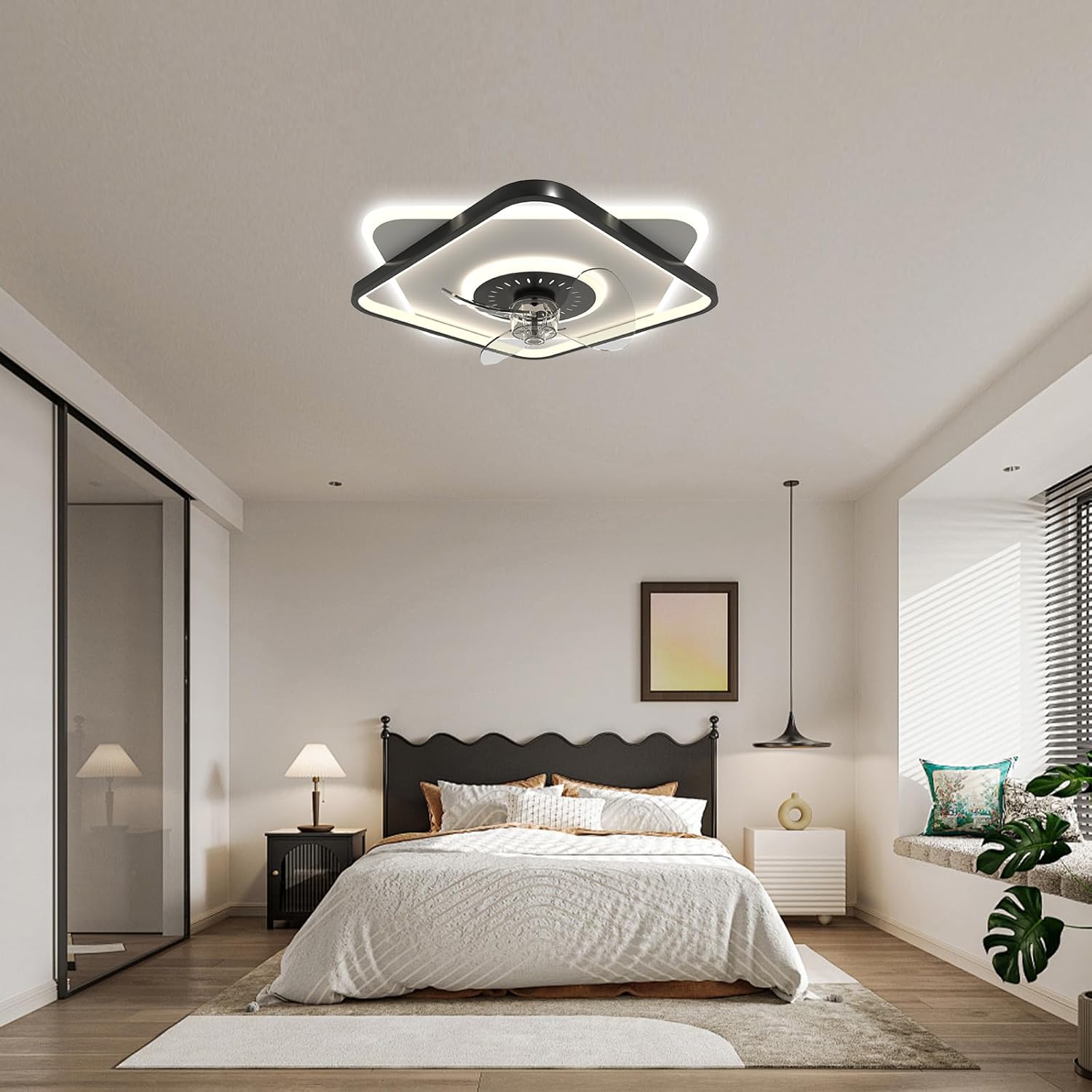FRIXCHUR Low Profile Ceiling Fans with Lights and Remote, Fandelier Ceiling Fan Flush Mount, 3000K-6000K Smart Bladeless LED Fan Light, Modern Ceiling Fans with Lights for Bedroom 2-Black and White