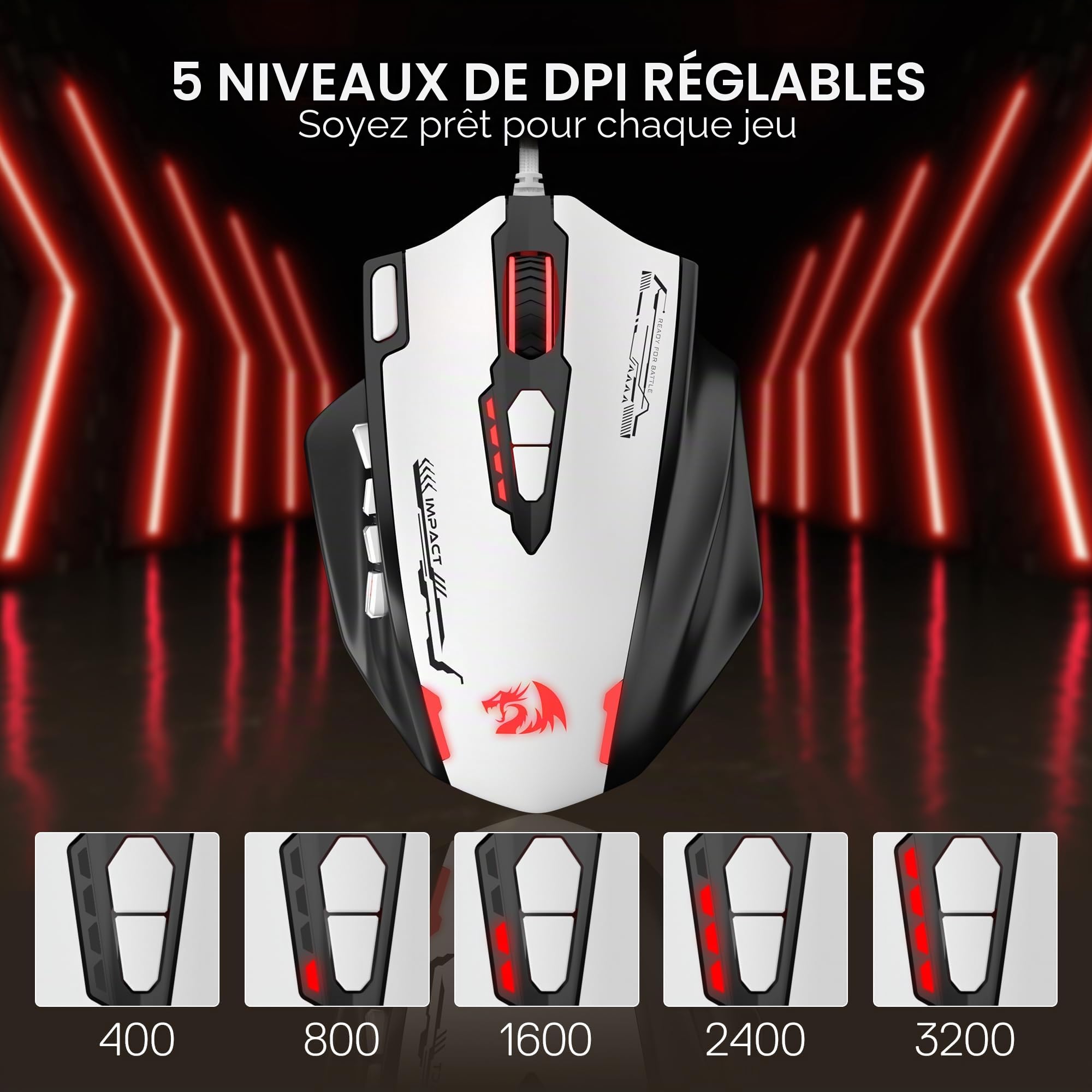 Redragon M908WB Souris Gaming MMO Filaire 24000 DPI Blanche