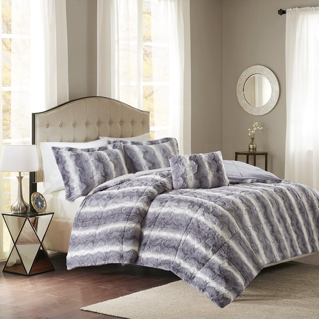 Madison Park Zuri Soft Plush Comforter Set, Faux Fur Animal Stripes Design, Faux Mink On The Reverse, Modern All Season Bedding Set with Matching Sham, King, Grey 4 Piece King Grey