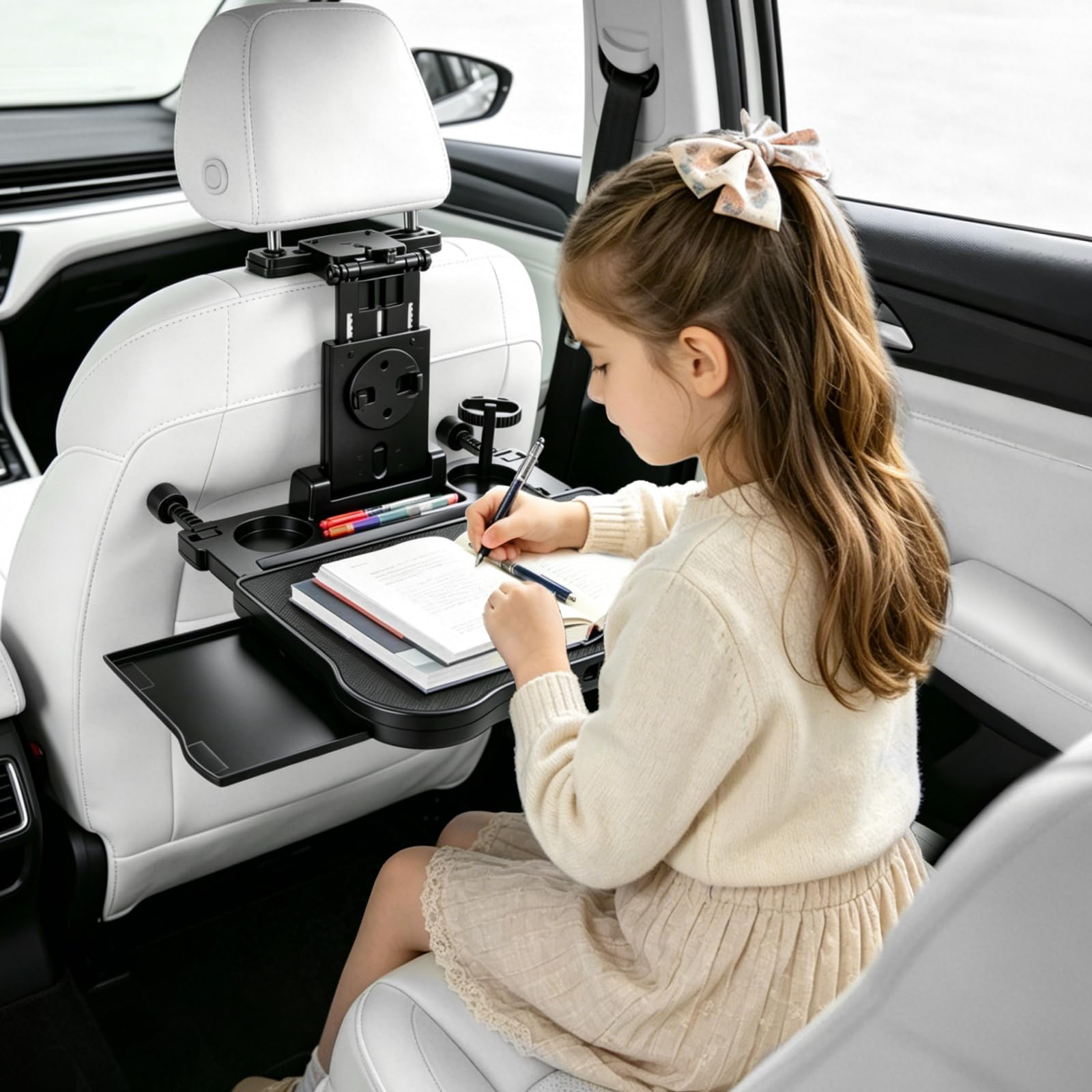 Tavolino Auto, Tavolo Da Pranzo Per Sedile Posteriore Passeggero con Portabicchieri e Supporto, Telescopico, Pieghevole, per Bambini, Viaggi, Lavoro, Pasti (Portata 20kg)