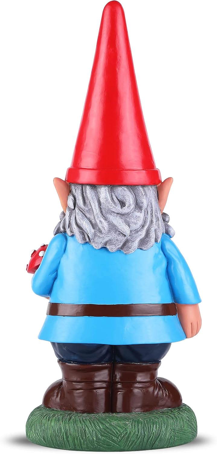 Garden Gnome Holding Mushroom - Funny Yard Ornament - Classic Gnome Decor - 14 Inch Tall