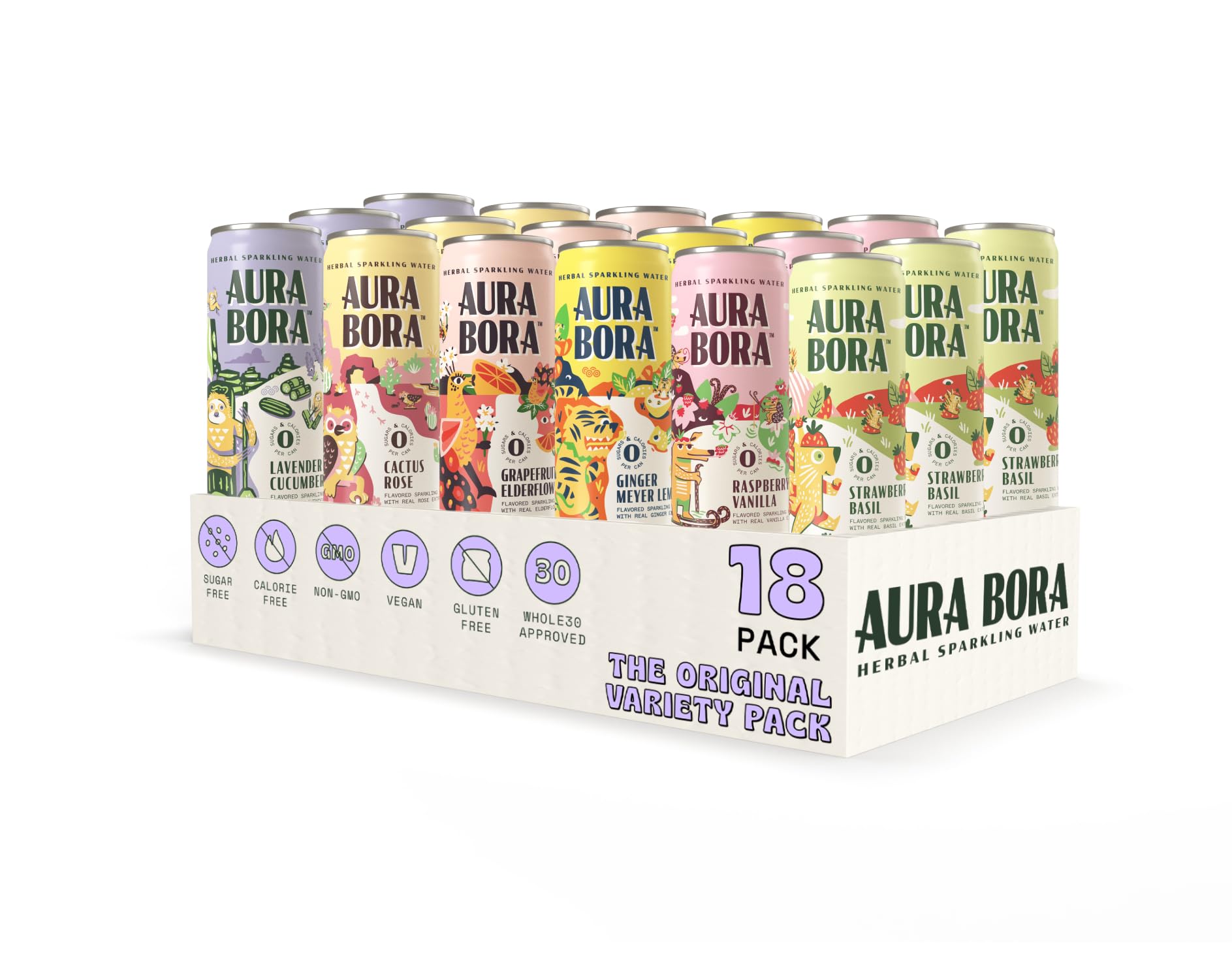 Aura Bora, Original Flavors Variety Pack, Herbal Sparkling Water, 12 oz Can (Pack of 18), 0 Calories, 0 Sugar, 0 Sodium, Non-GMO