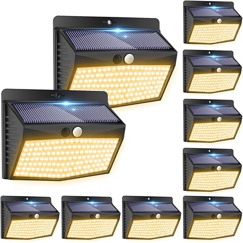 Solar Motion Sensor Outdoor Lights [138 LED/10 Packs] Solar Security Light Outdoor with 3 Lighting Modes Solar Powered Lights Waterproof for Outside Wall Garden Fence Backyard Deck（Warm White