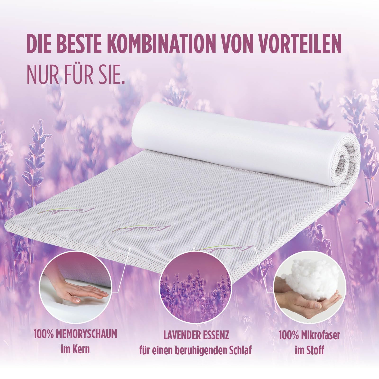 Vitapur Topper 160 x 200 cm, terapia zapachowa lawendowa – komfortowa nakładka na materac ViscoCell z pianki memory, redukcja stresu, nakładka na materac