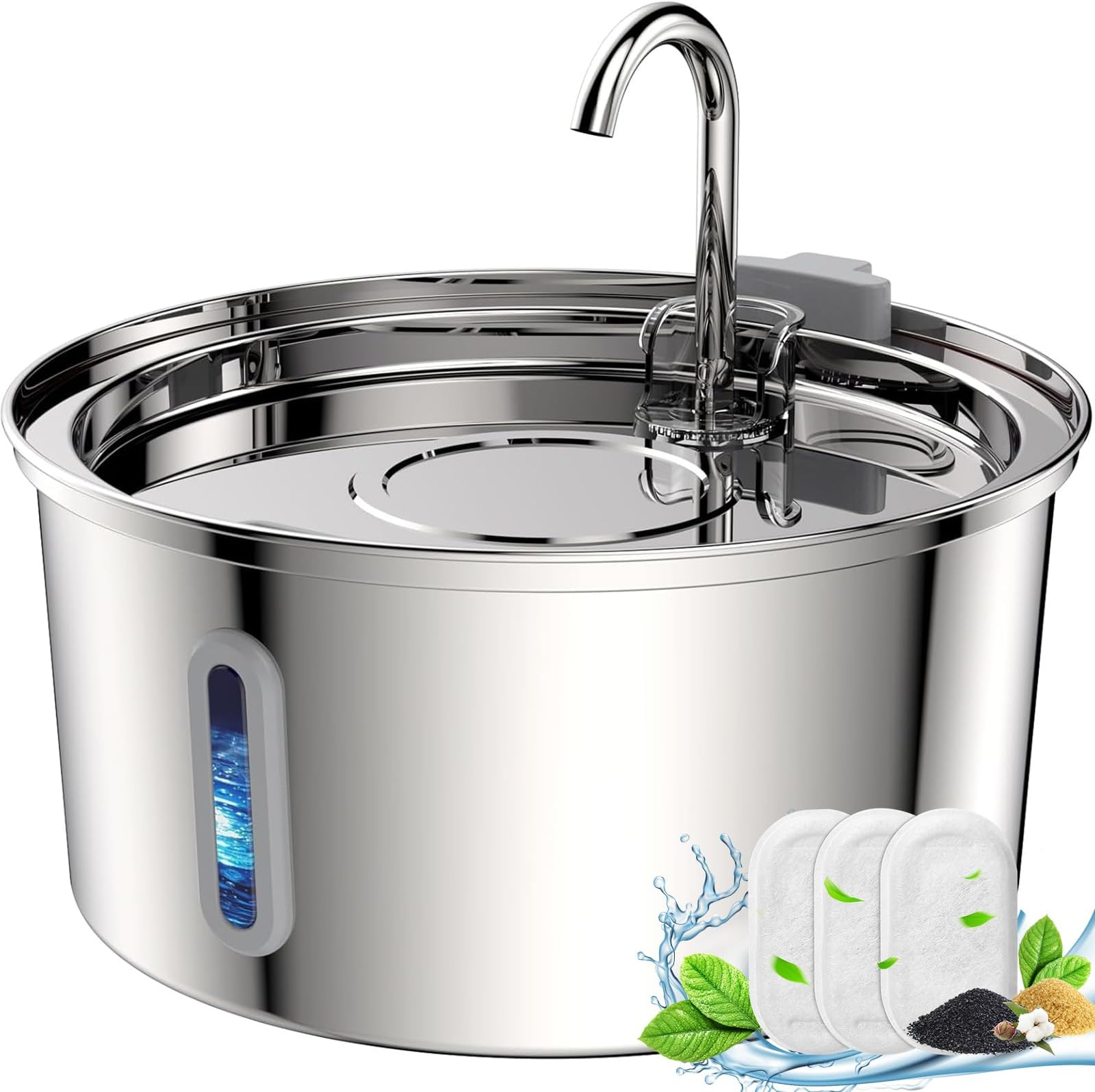 Tomxcute Cat Water Fountain, 3.2L/108oz Automatic Stainless Steel Pet Fountain Water Levels Window can be Checked Dog Water Dispenser, Ultra-Quiet Pump and 3 Replacement Filters & for Multiple Pets