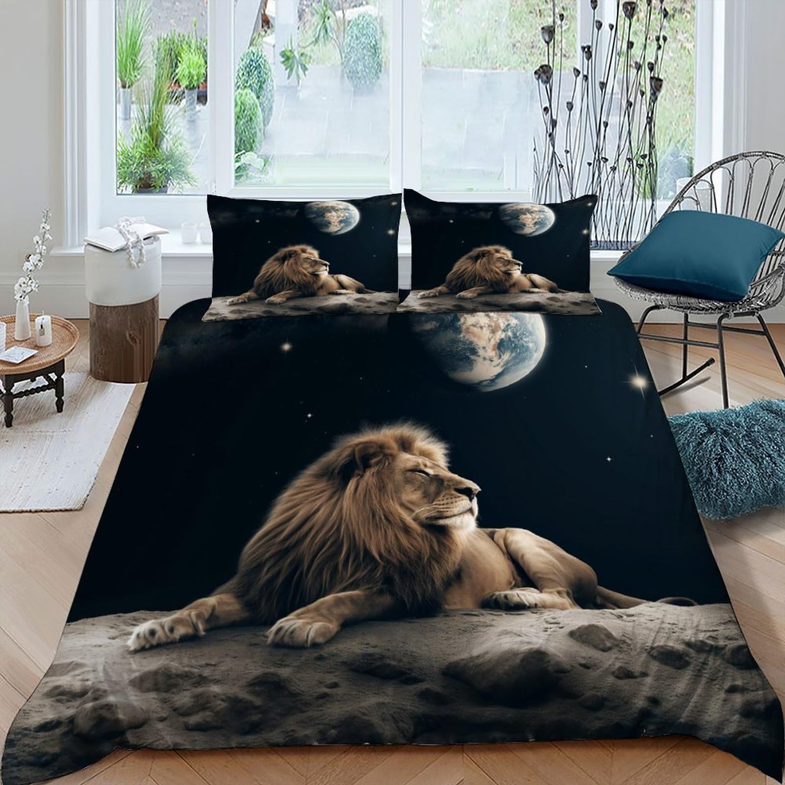 Housse de couette lion 220x240 cm en microfibre avec taies d'oreiller pour lit king size