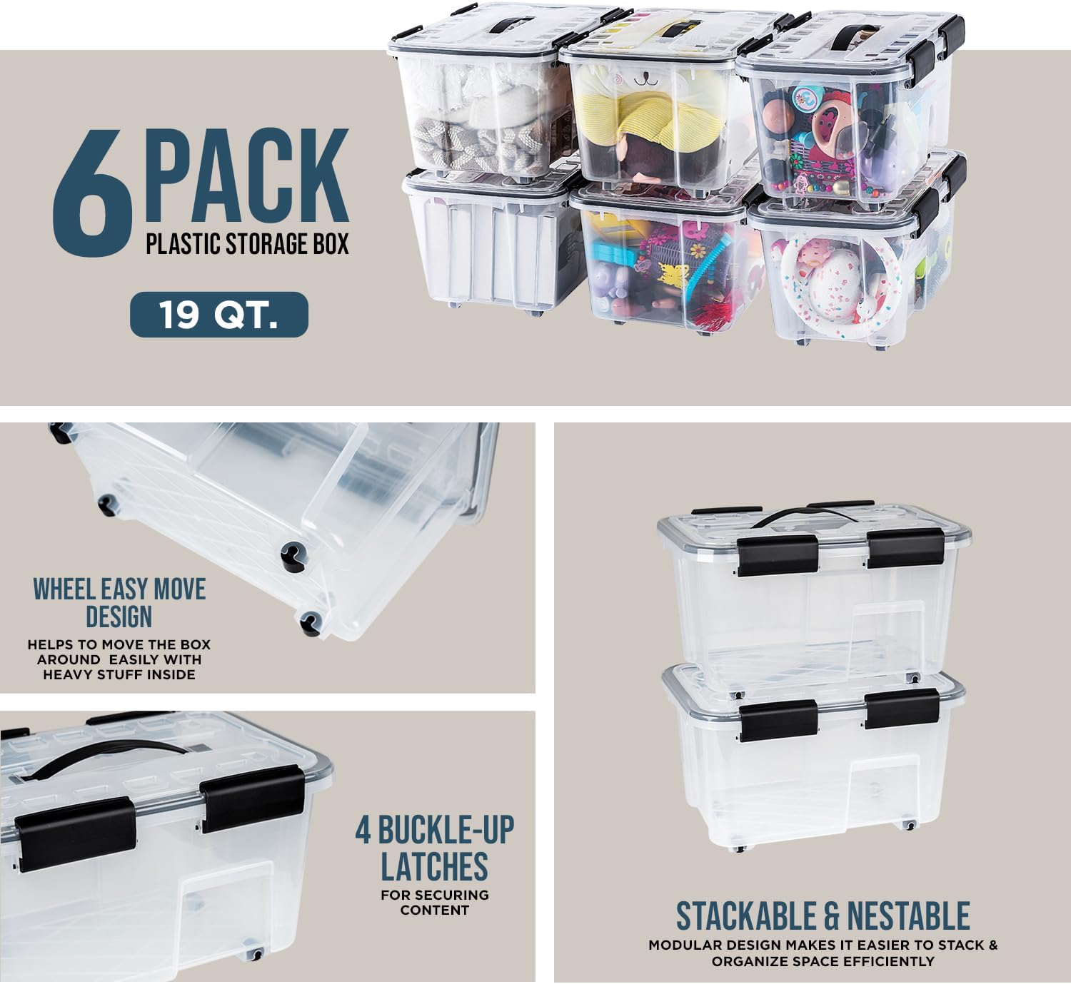 Lifemaster Stackable Storage Box Set - 6 Pieces 19 Quarts Multi-purpose, Space-Efficient Stackable Storage Boxes with Nestable Design, Secure Latches, Easy-Move Wheels & Pull-Out Base - Clear