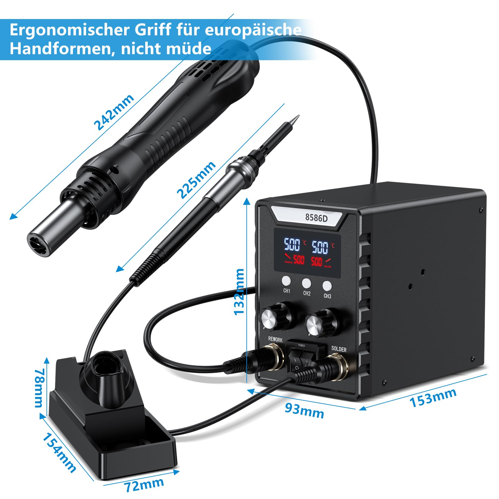 Lötstation, Heißluft Lötstation 2 in 1 Lötkolben Set 60W Soldering Station Entlötstation,Lötkolben 180-500℃,Lötset für Enthält 5 Schweißköpfe 3 Heißgasdüsen 2 Pinzen