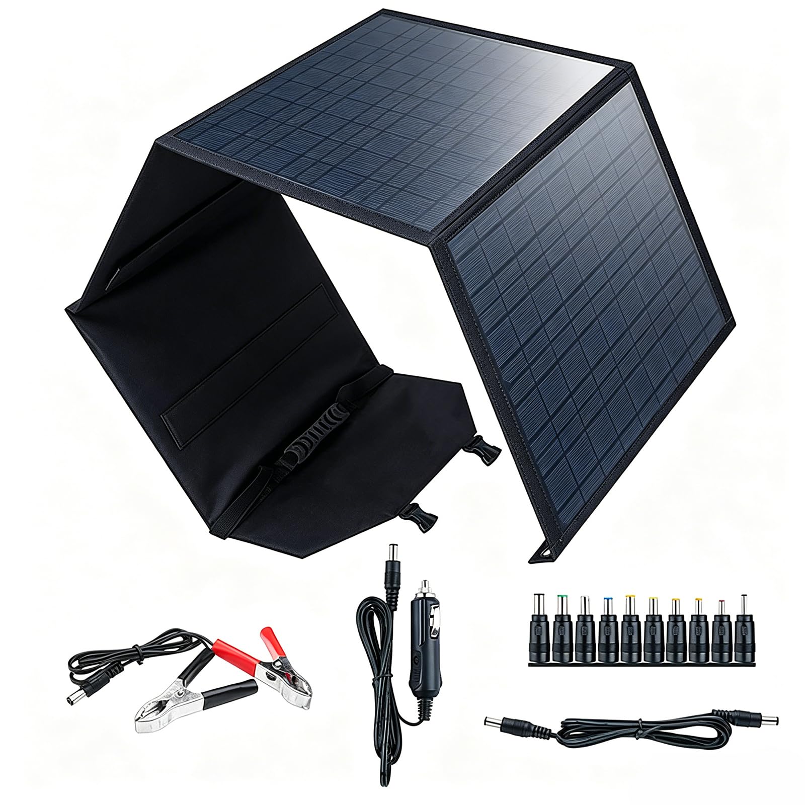 80W Mono Solar Panel, High Efficiency Monocrystalline Foldable Solar Panels with 5V USB, 18V DC Port and Bracket, Waterproof Solar Panel, for RV, Boats, Trailer, Camper, Marine,Black