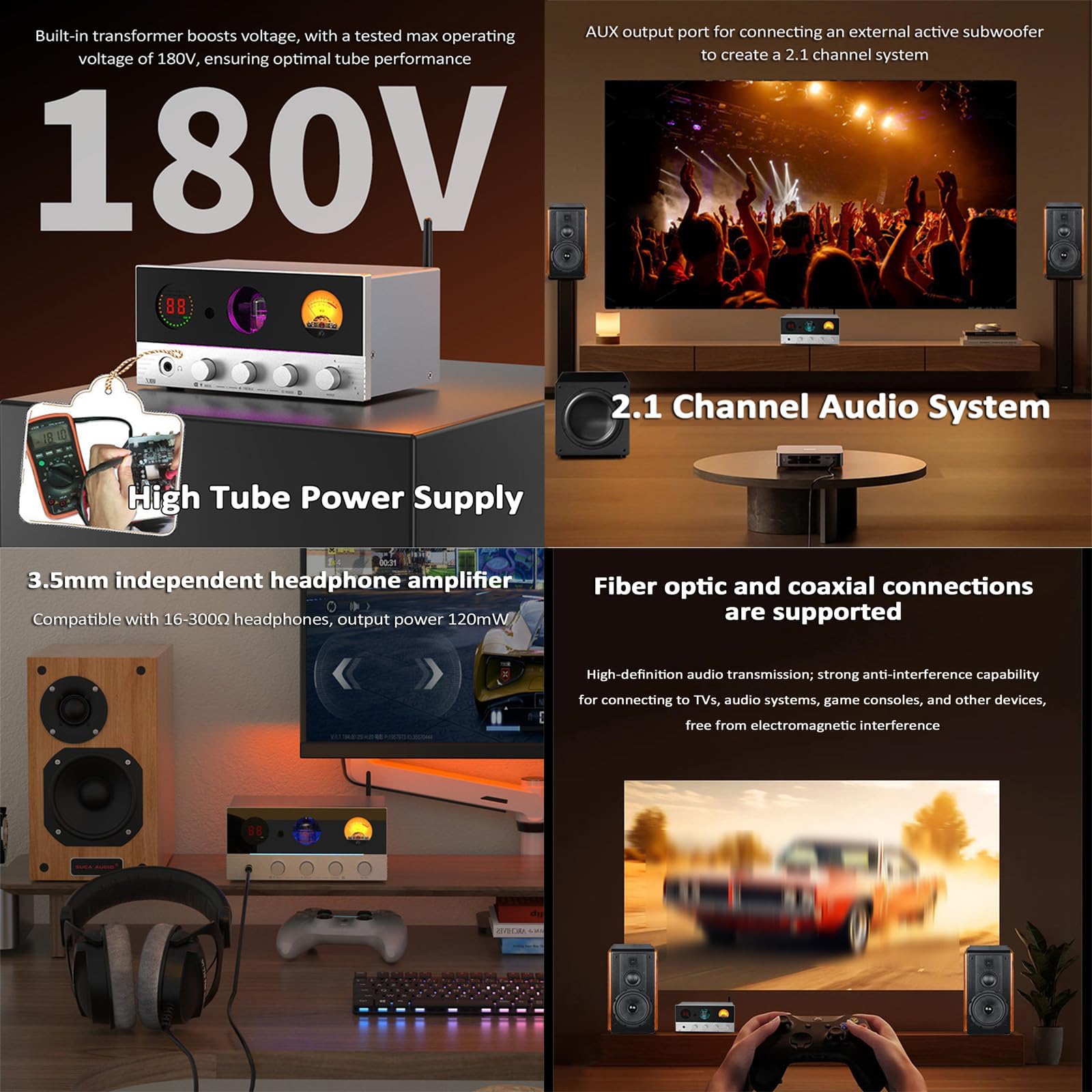 Amplificatore Audio HiFi, Amplificatore valvolare con VU Meter, Bluetooth 5.4 e Telecomando, 7 luci ambientali per Home Theater e diffusori passivi, ingressi ottici e coassiali. (Silver)