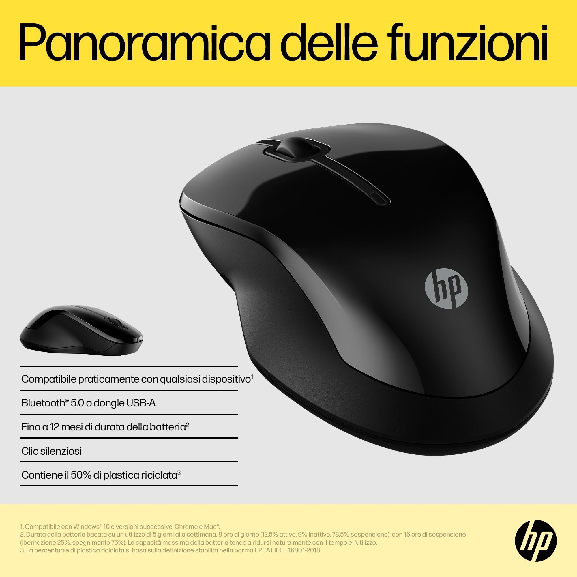HP 250 Mouse Empire Wireless, Connessione USB-A e Bluetooth 5.0, Tecnologia LED Blu, Risoluzione fino a 1600 DPI, Profilo Sagomato ed Ergonomico, Compatibile con Windows 10, 11 e Chrome OS, Nero