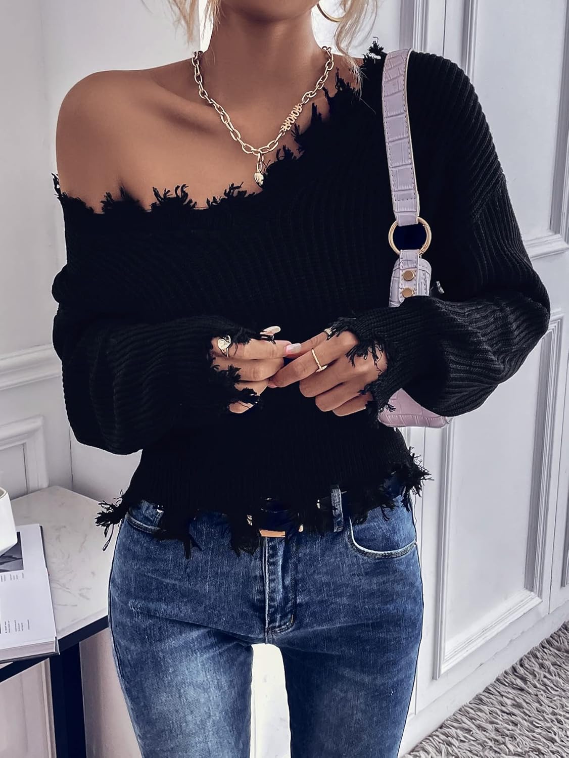 Women's Sweater Ribbed Knit Drop Shoulder Distressed Sweater Sweater for Women (Color : Black, Size : Medium)