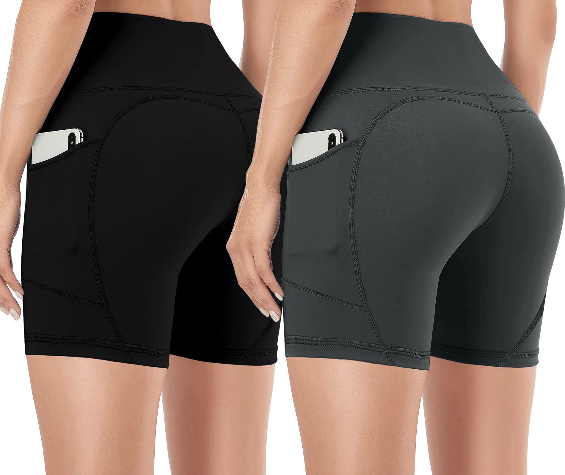 Holure Women's (Pack of 2) High Waist Yoga Shorts Workout Gym Running Biker Compression Shorts with Pockets