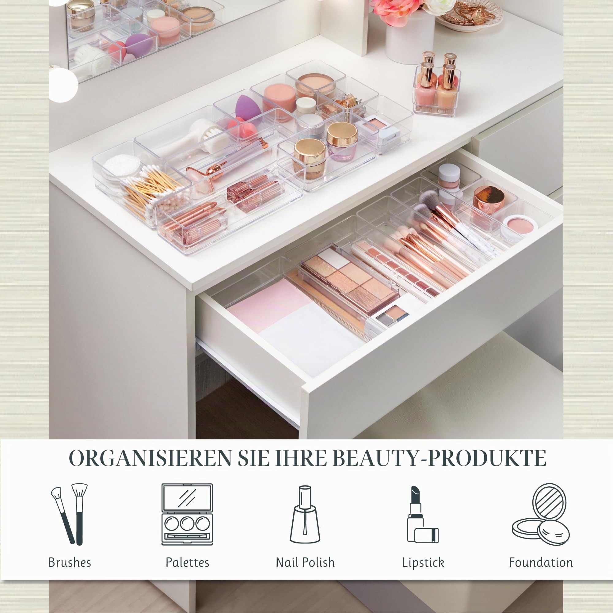 STORi SimpleSort 18-teiliges stapelbares transparentes Schubladen-Organizer-Set | mehrere Größen | Make-up-Aufbewahrungsbehälter und Büro-Schreibtisch-Schubladenteiler | Hergestellt in den USA