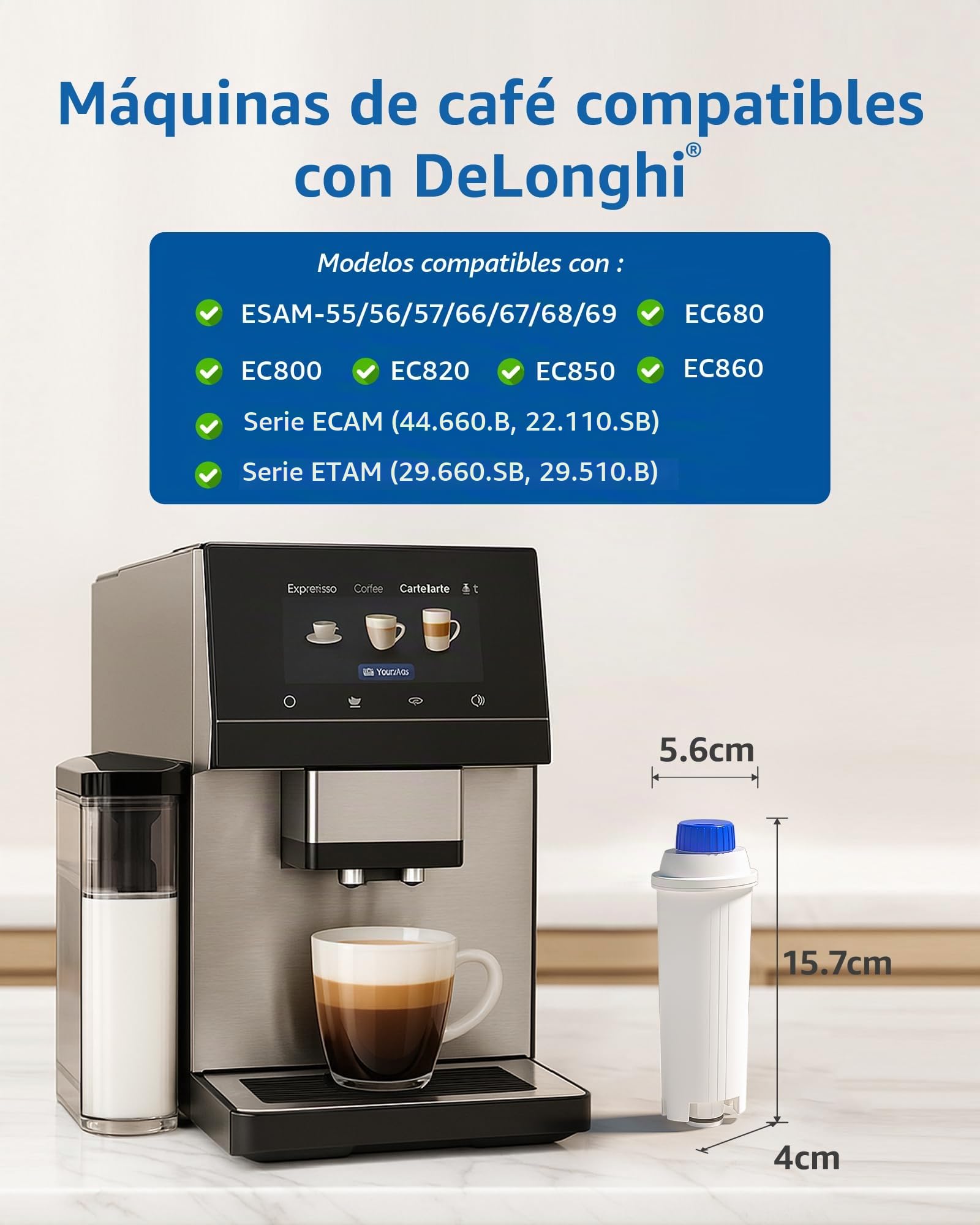 Maxblue Filtro de Agua para Cafetera, Recambio para De'Longhi® DLSC002, DLS C002, 9310926, SER3017, 5513292811 y Cafetera Espresso de ECAM ETAM EC800 EC680 BCO, Certificado TÜV SÜD (6)