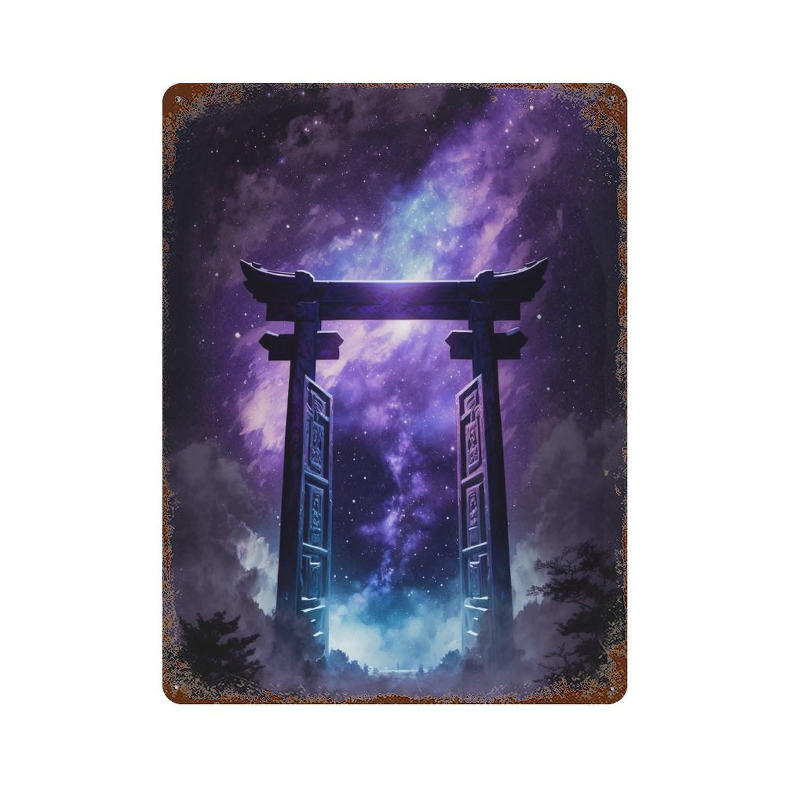 Rustic Tin Plaque with Galactic Torii Gateway -1 Design 15.7"x11.8", for Pub, Kitchen And Man Cave Decor, Old School Wall Decor