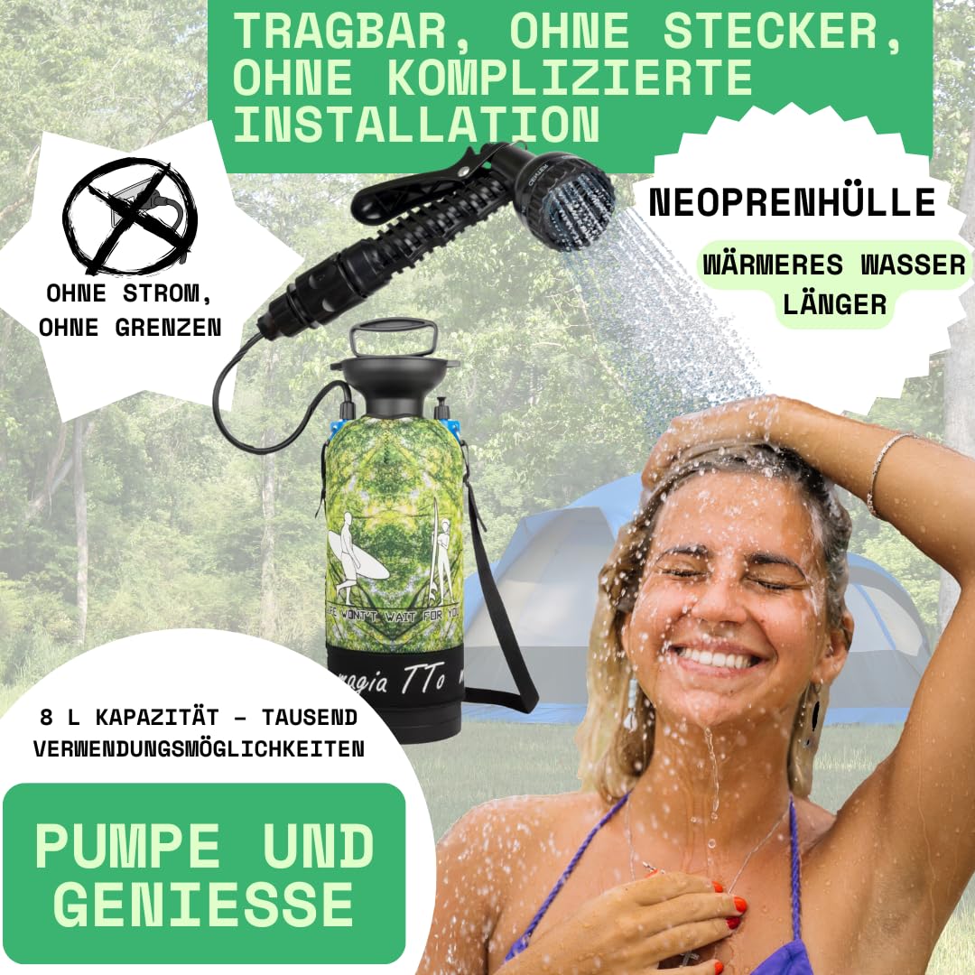 Tragbare Campingdusche mit Handpumpe, 8 L [Ohne Strom] – Camperdusche für Reisen, Strand, Surfen, Wandern, Hunde und Haustiere – Einfach zu transportieren, ideal für die Outdoor-Hygiene