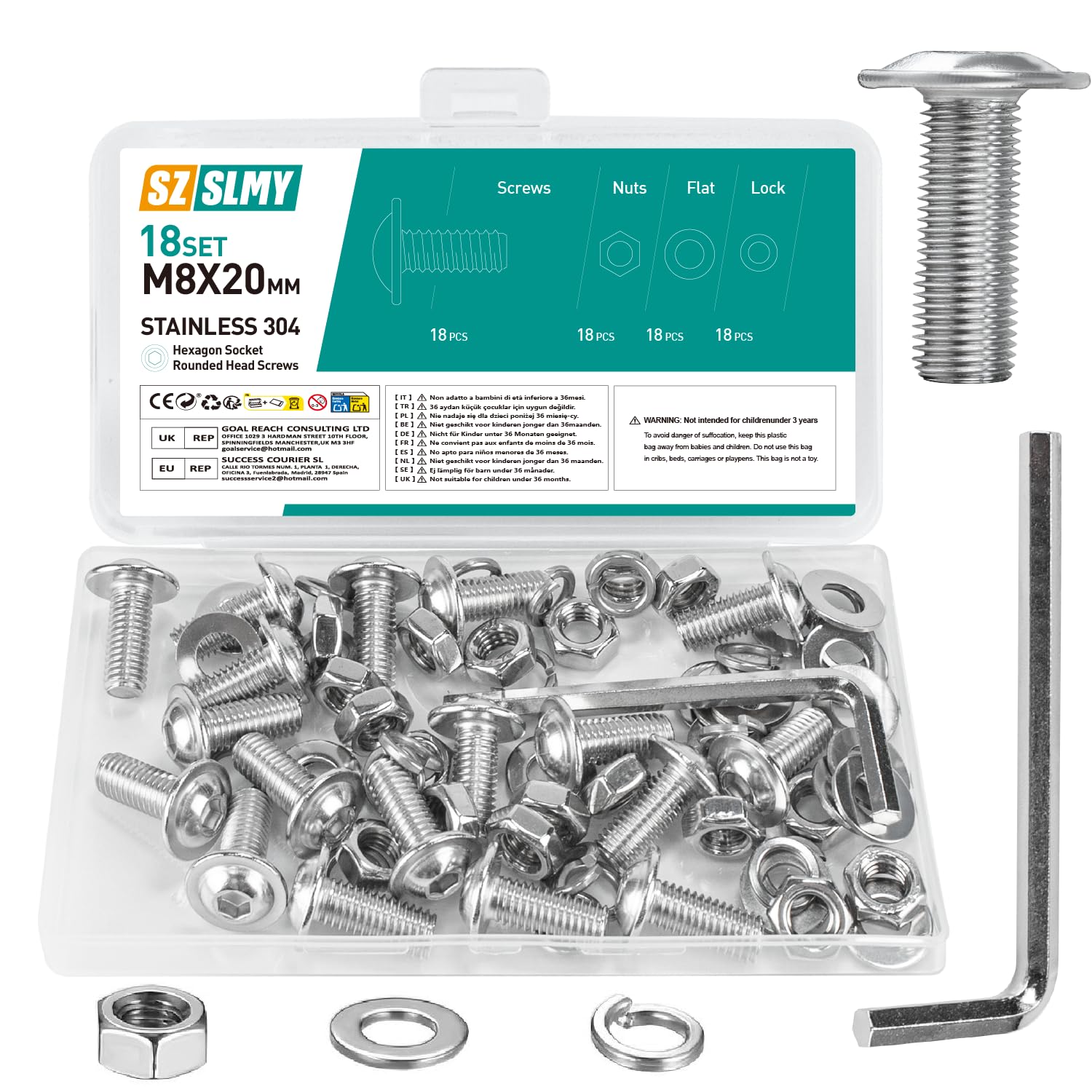 Set di 18 viti M8, viti a testa bombata M8 x 20 mm, in acciaio inox, set di viti a flangia, viti a testa piatta con flangia, set di viti filettate