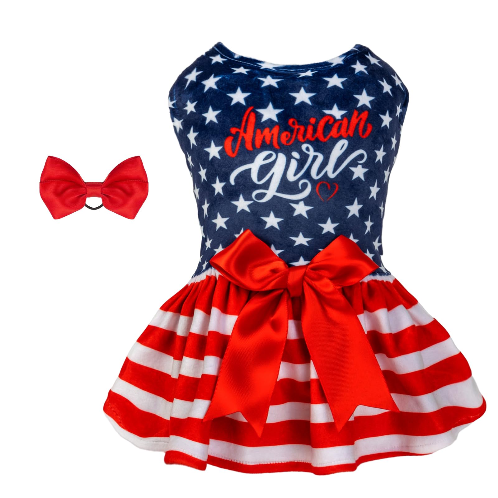 CuteBone Dog Dresses Velvet 4th of July Small Dogs Clothes Onesie Pet Apparel Girl Puppy Skirt with Bow Hair Rope