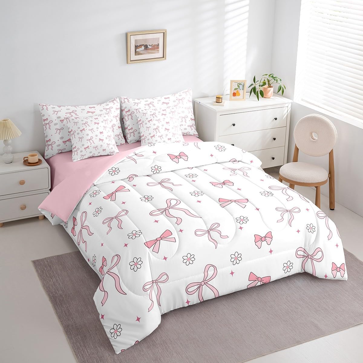 Erosebridal Bow Floral Bedding Sets Girls Kawaii Bow Tie Comforter Set 7 Piece Bed in A Bag Twin,Cute Princess Dreamy Bows Comforter and Sheets Simple Cute Aesthetic Bedroom Decor