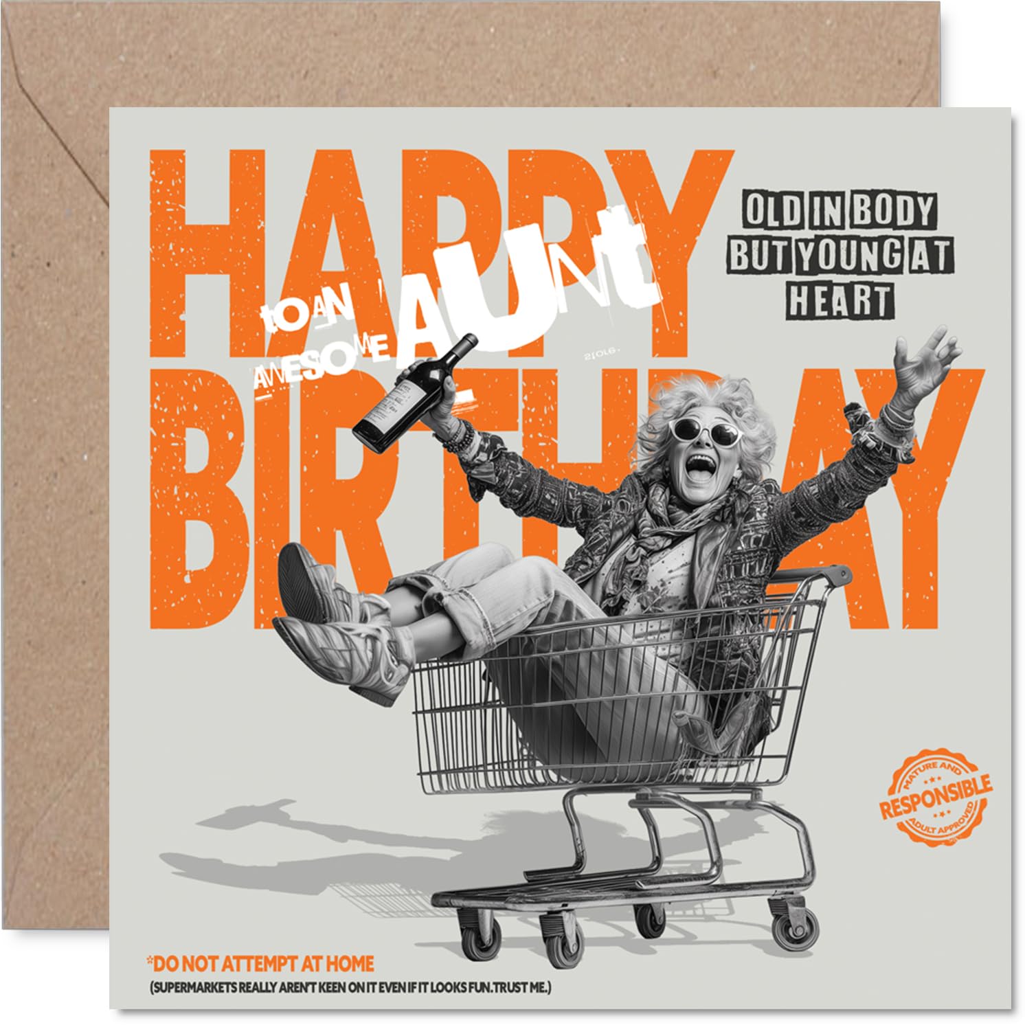 Funny Birthday Card for Aunt - Outrageous Trolley Antics - Quirky Older Woman Riding a Shopping Cart with Bold Birthday Humour - 145mm Square, Envelope Included