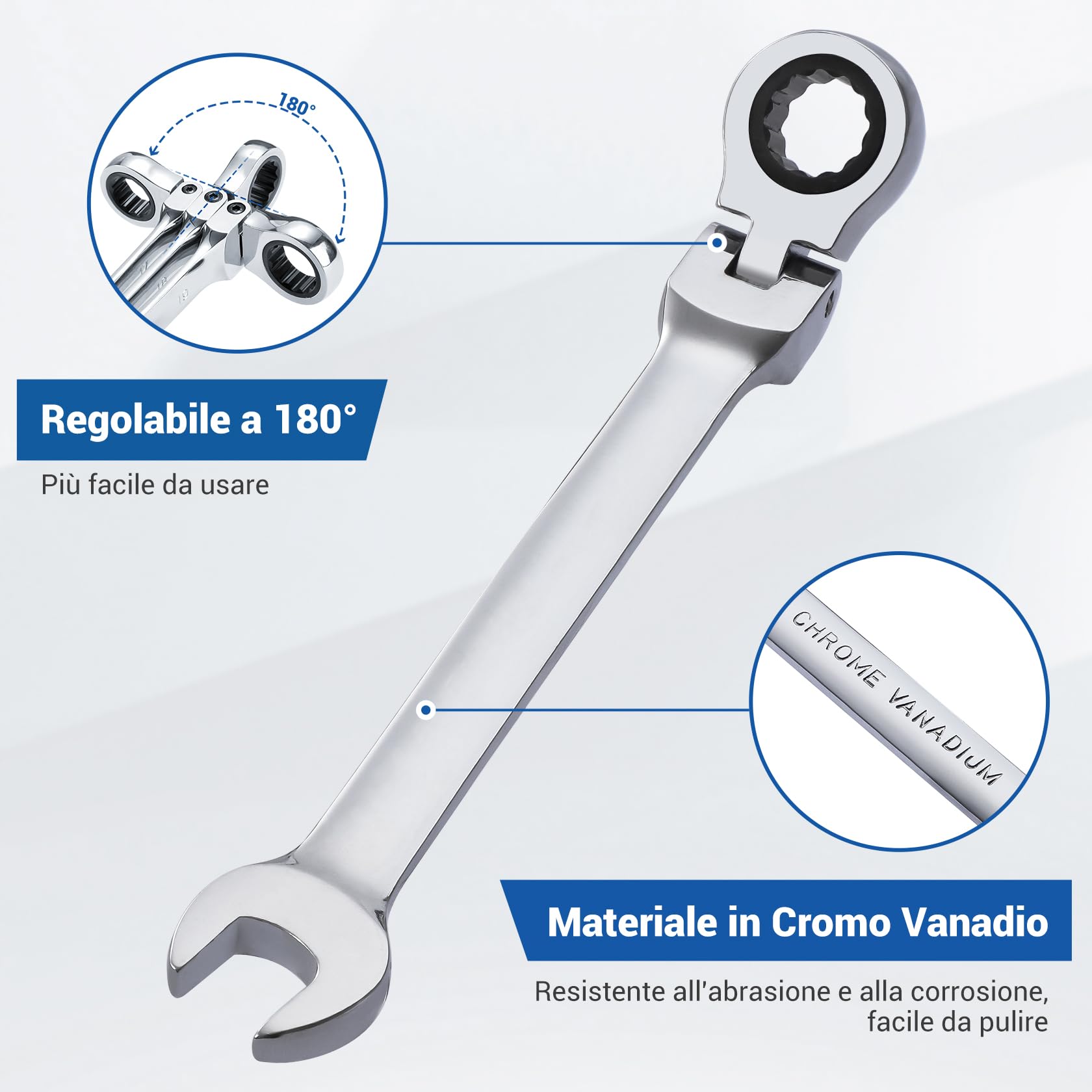 Chiave a Cricchetto 10 mm, Chiavi Cricchetto Flessibile a 180° e Chiavi Inglesi a Cricchetto Aperta a 15°, Cromo Vanadio Chiave, Rresistente all'abrasione, Aantiscivolo