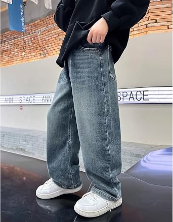 Teen Boys Baggy Jeans Elastic Waisted Wide Leg Pull On Denim Pants | Straight Leg Jeans for Boys, Big Kids Casual Baggy Denim Pant with Pockets