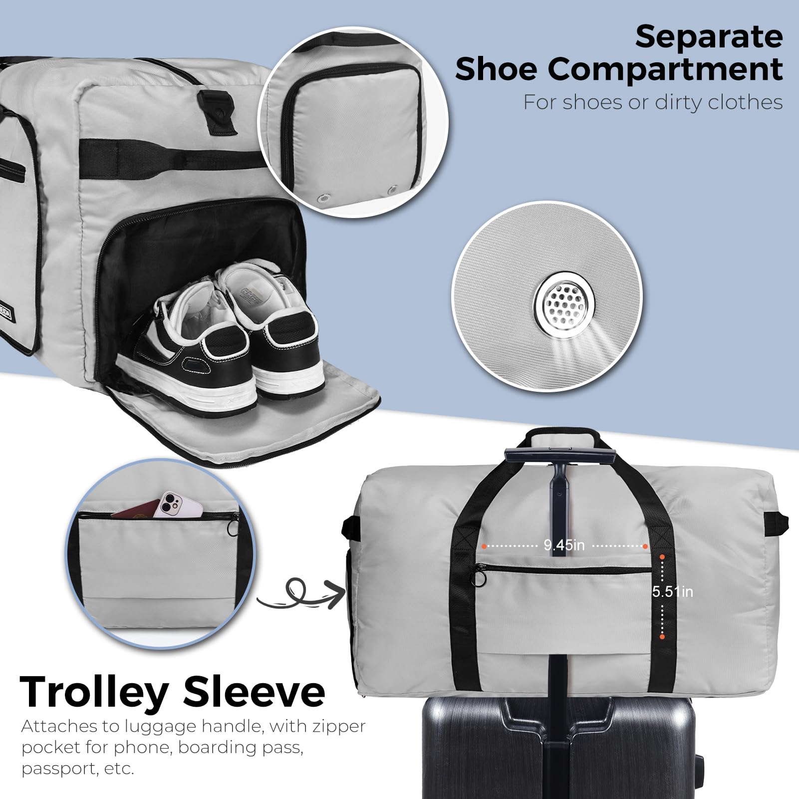 Fmeida 65L Borsone da Viaggio Unisex Adulto, Grande Borsone Palestra con Scomparto per Scarpe e Tracolla, Impermeabile Duffel Bag Borsa Sportivo