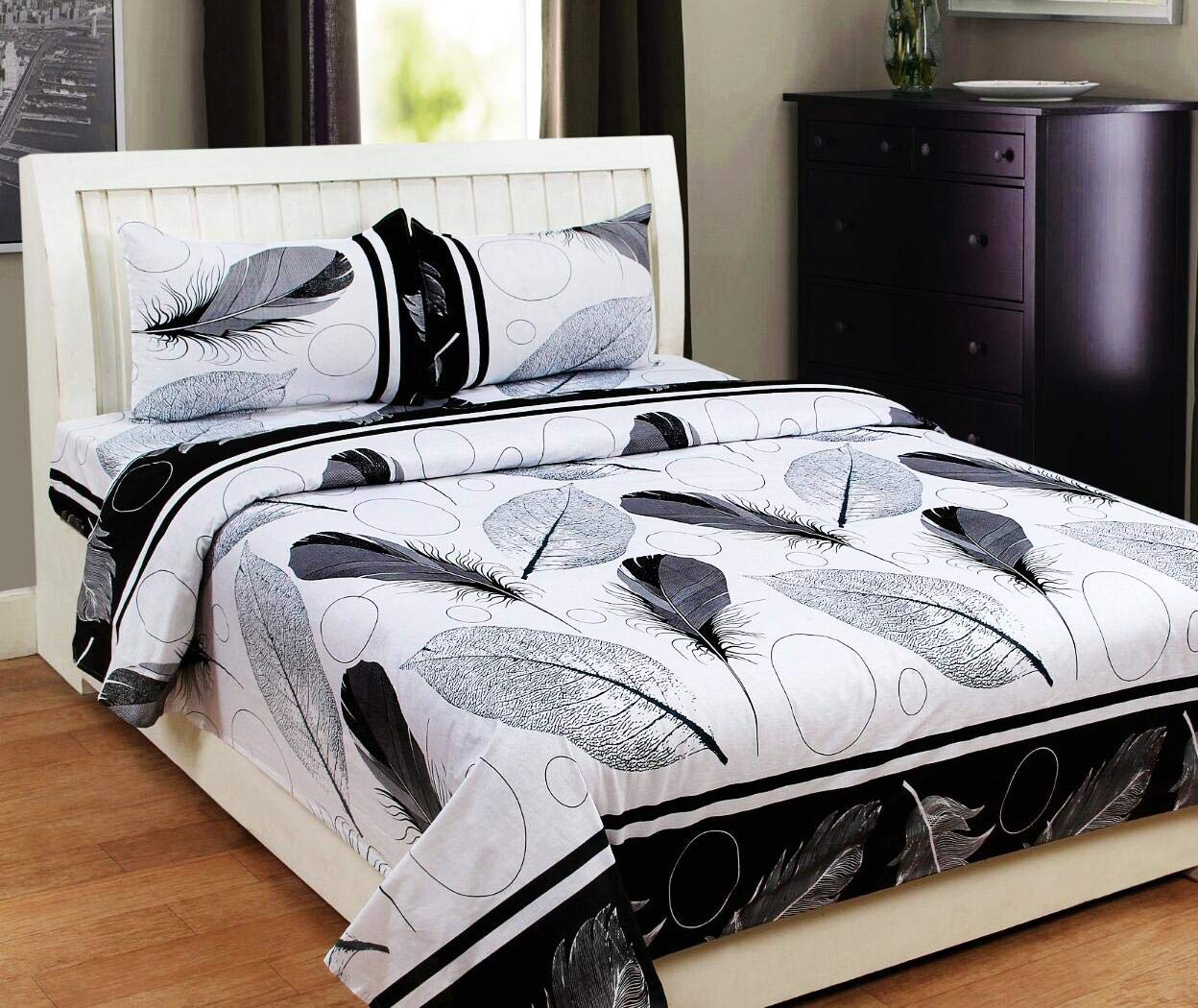 AAA Product Leaf Design 100% Polyester Double Bed Sheet for Double Bed with 2 Pillow Covers Set, Queen Size Bedsheet Series, 140 TC, 3D Printed Pattern (Black and White)