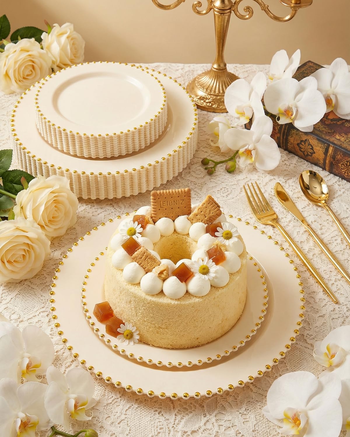 supernal 180pcs Ivory and Gold Dinnerware Set,Elegant Heavy Duty Ivory Plastic Plates with Gold Beads,Disposable Plates with Plastic Silverware and 10oz Cups for Wedding/Party/Valentine's Day