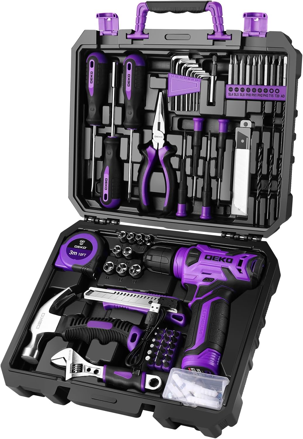 DEKO Tool Box Cordless Screwdriver Tool Box Tool Set 126 Pieces Professional Tool Box for Home Improvement Offices and Garden Purple