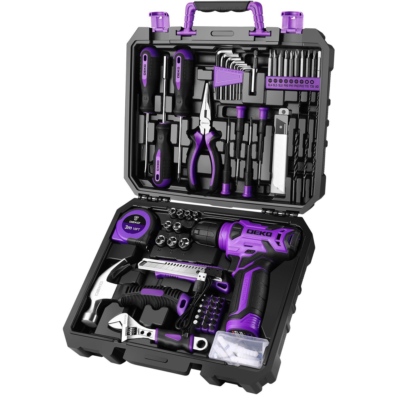 Tool Set: Tool Kit with 8V Cordless Drill, Hand Toolbox with storage case, Tool set for Home Repairs 126 Piece, Purple