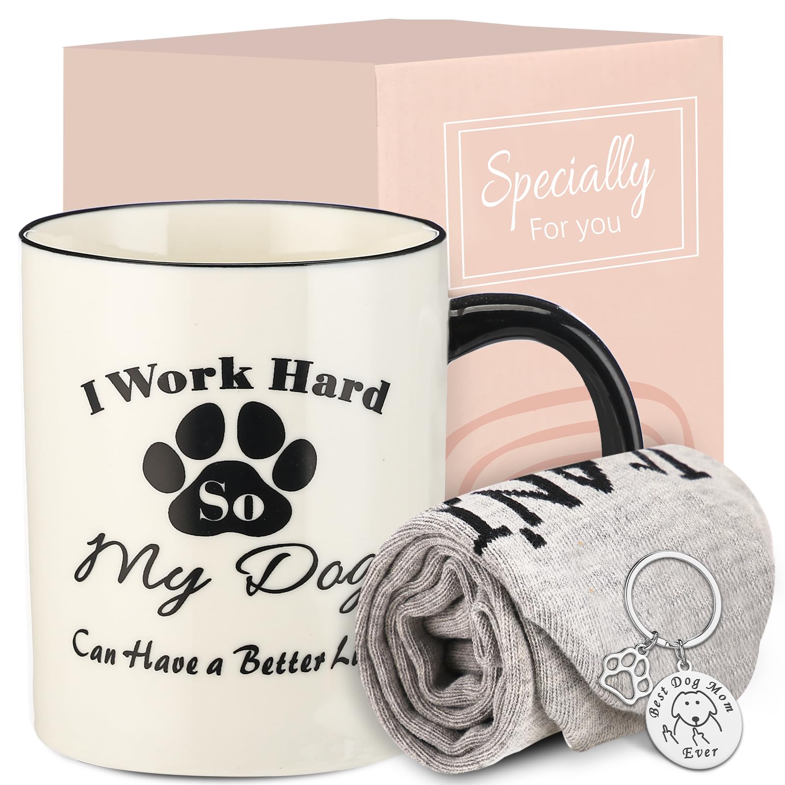 ywduoying Dog Mom Gifts for Women, Funny Christmas Gifts for Dog Lover, Mom, Sister, Dog Mom Birthday Gifts, Dog Themed Coffee Mug Gift Basket with Socks