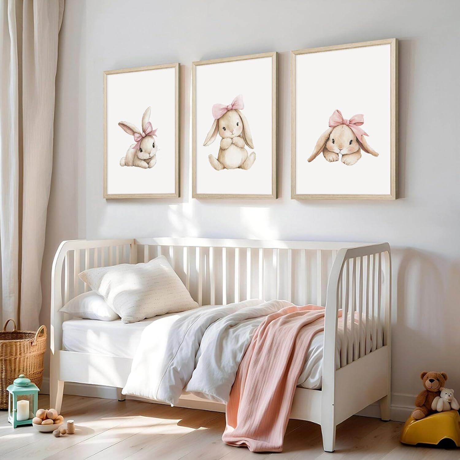 Nursery Bunny Wall Art Decor Bunny Prints Baby Girl Room Canvas Wall Art Decor Pink Baby Girl Nursery Painting Woodland Rabbit Spring Artwork Poster for Bedroom 12x16x3 Inch Wood Framed