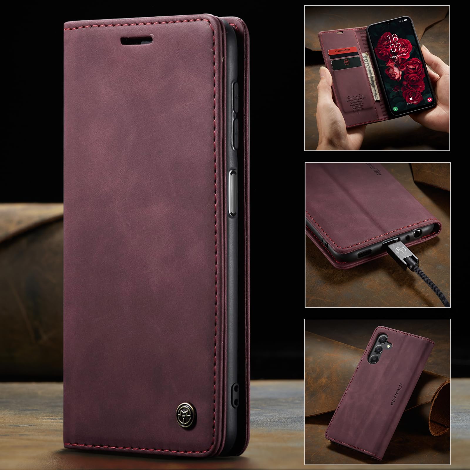 Monweicz Cover Compatibile con Samsung Galaxy A14, Custodia Portafoglio con Slot per Scheda, Protezione Completa Premium in Pelle PU, Flip Libro Magnetica Samsung Galaxy A14, Vino Rosso