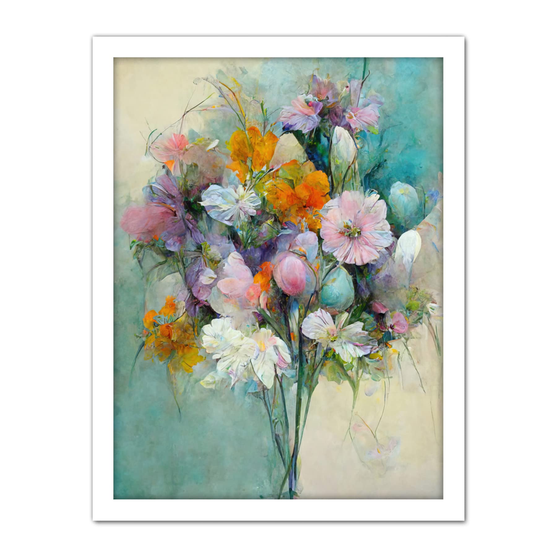 Doppelganger33 LTD Watercolour Pink Orange And Teal Spring Flower Bouquet Illustration Artwork Framed Wall Art Print 18X24 Inch
