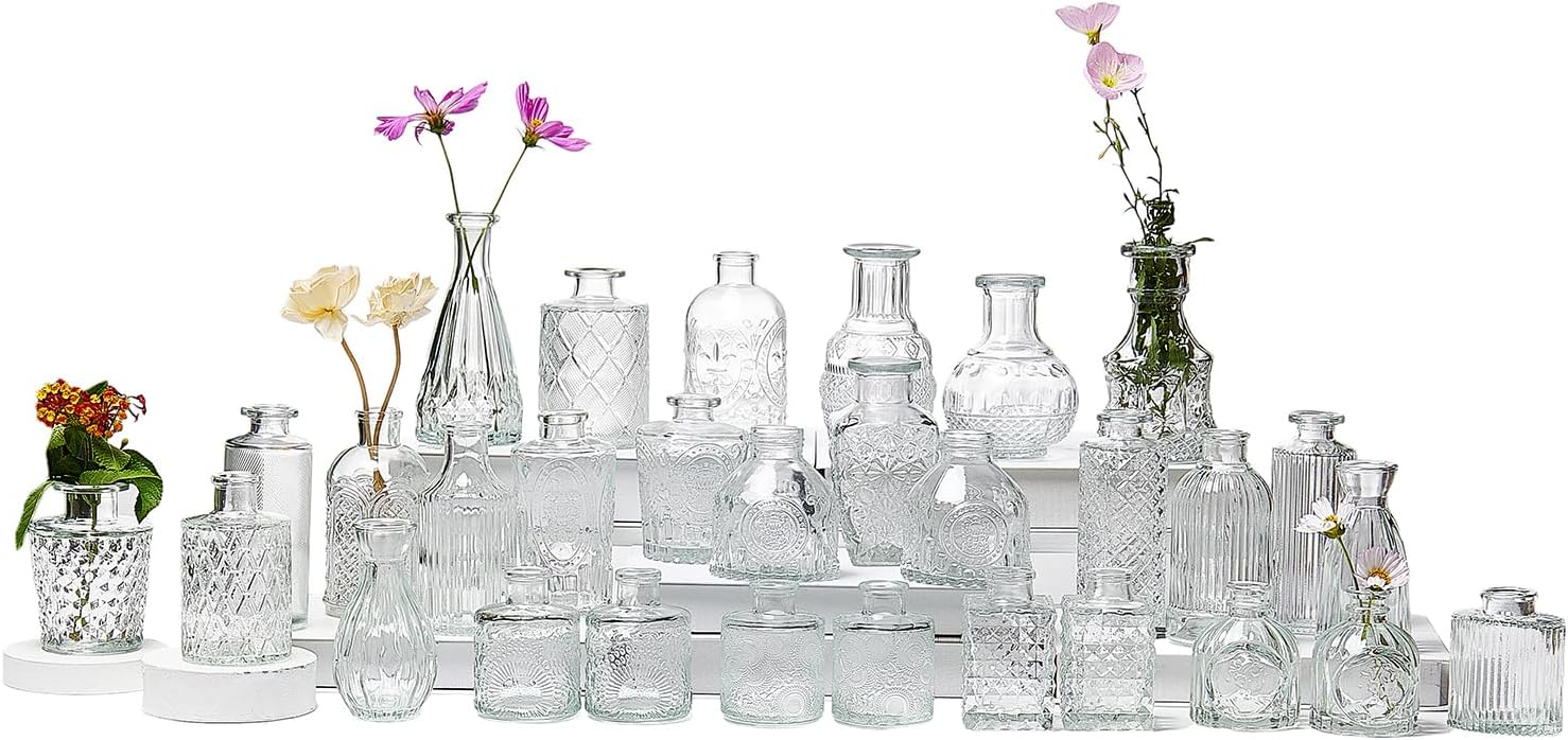 Glass Bud Vase Set of 30, Small Flower Vases, Glass Vases for Centerpieces, Vintage Home Table Decorations Bud Vases (30 Pcs, Clear) 30 Pcs Clear