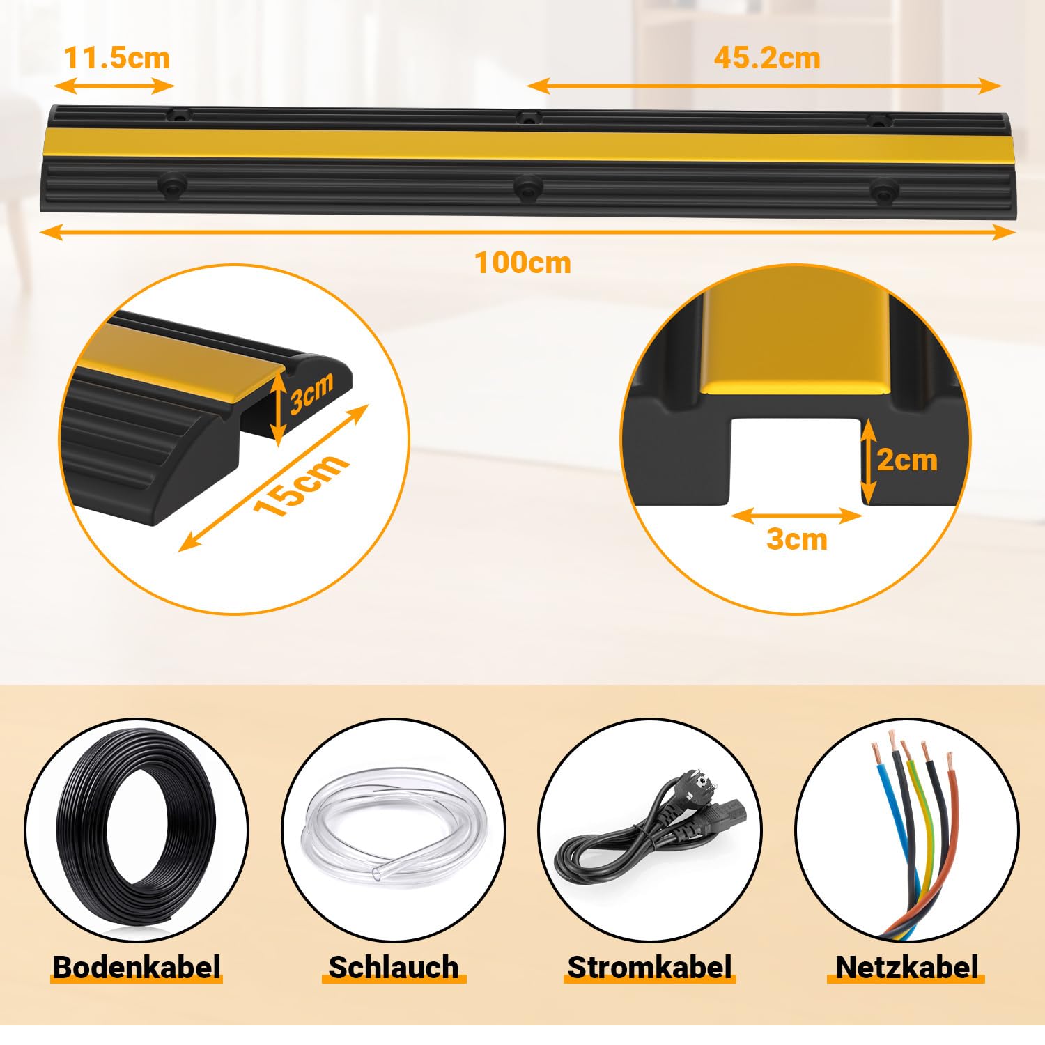 Canalina per cavi da pavimento, 100 cm, set da 8 con coperchio a ribalta – protezione per cavi di alimentazione e cavo di ricarica, antiscivolo e resistente, ideale per garage, ufficio e casa