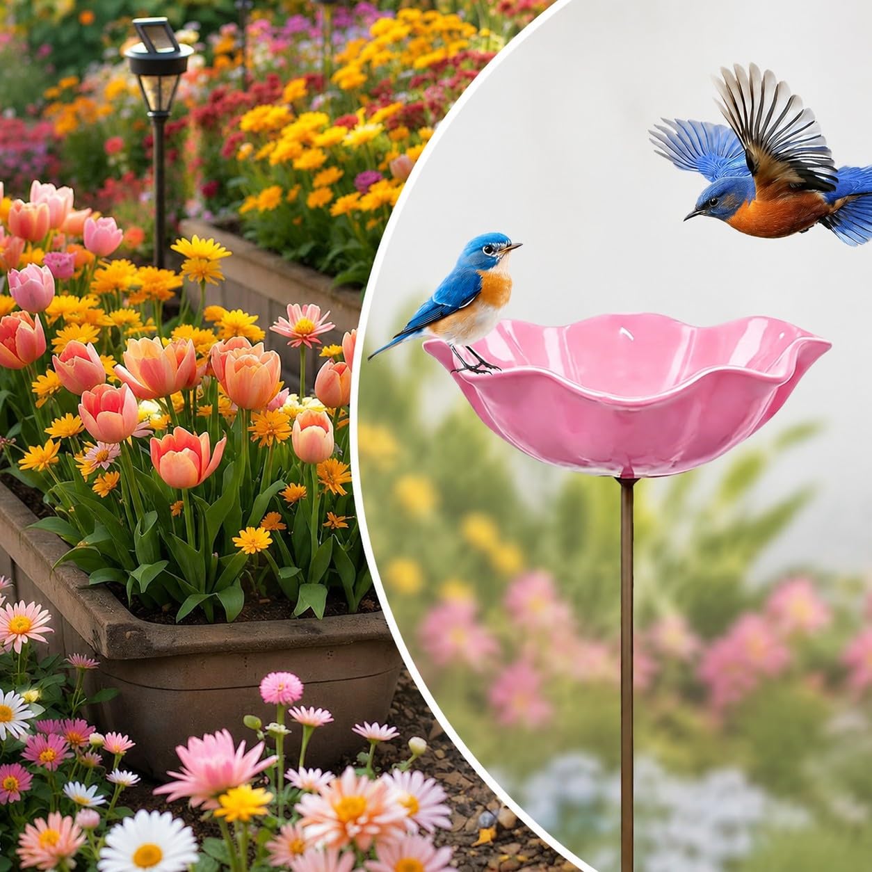 Handmade Metal Bird Bath for Garden, 1 PCS Pink Flower Watering Station, 60cm Garden Bird Bath Stake with 15cm Bowl, Outdoor Bee Watering Station & Pollinator Water Feeder for Patio Yard Décor